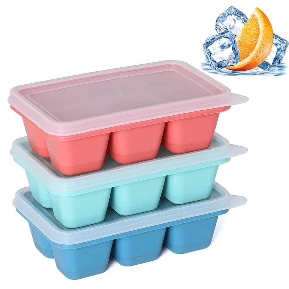 KIYOKI 3 Pack Silicone Ice Cube Trays with Lids - Stackable Mini Ice Cube Molds for Freezer, Easy Release Flexible Bottom (Blue, Red, Mint Green) - Perfect for Cocktails, Iced Coffee & Smoothies