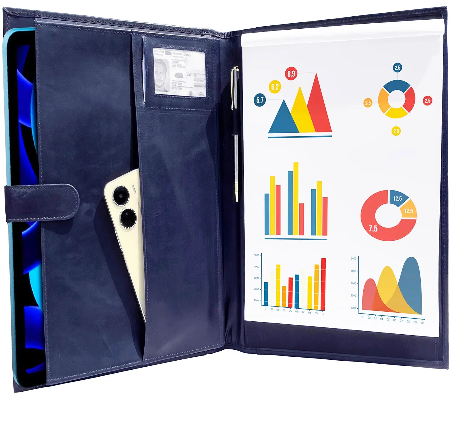 Handmade Genuine Leather Padfolio - Professional Document Organizer with Notepad Holder (Blue) - Perfect for Business Meetings, Office Use & Gifts