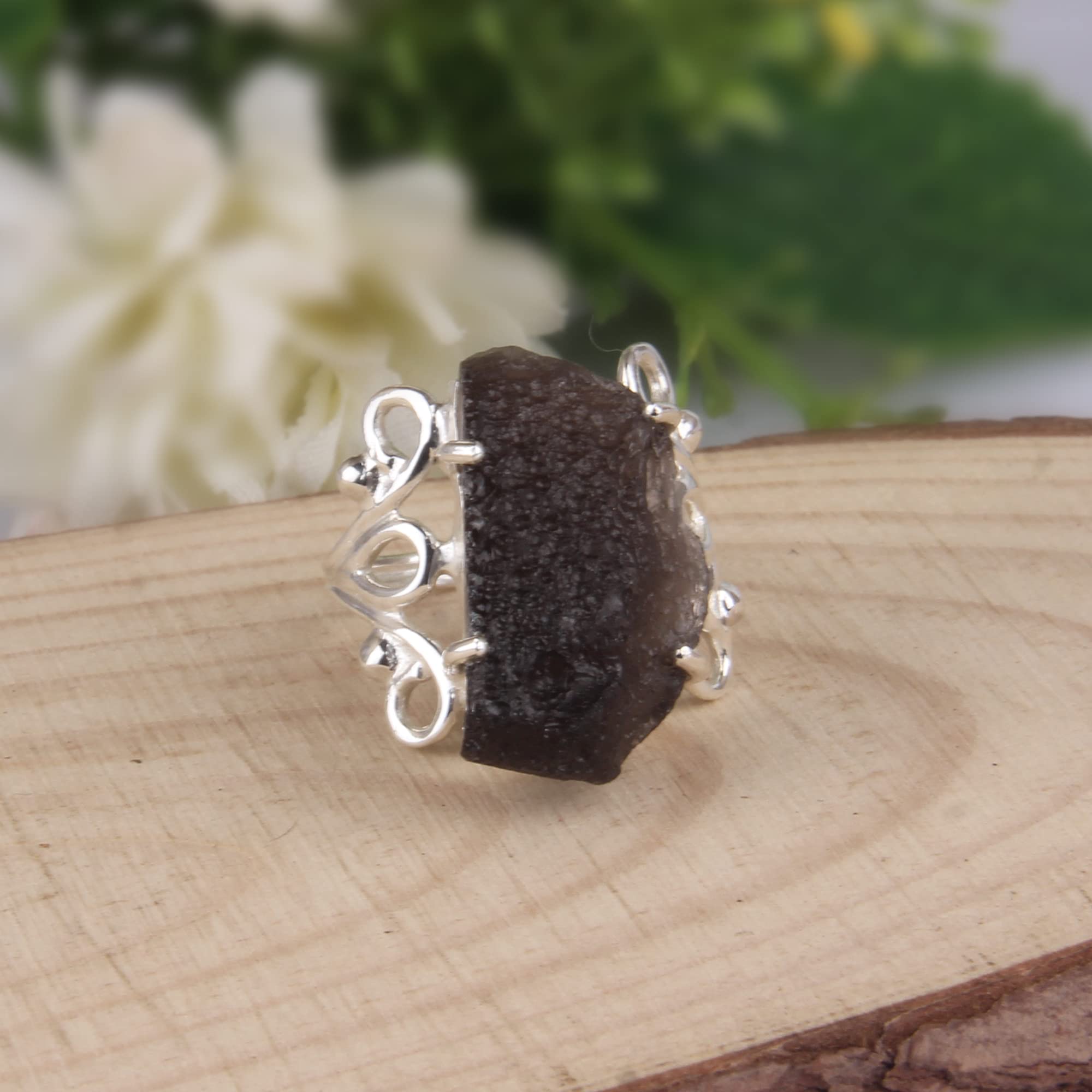 Genuine Raw Colombianite Ring 925 Sterling Silver - Natural Stone Spiritual Jewelry for Meditation & Energy Healing - Colombianite Tektite Similar to Moldavite (Size 9.5) - Perfect for Yoga, Reiki & Chakra Balancing