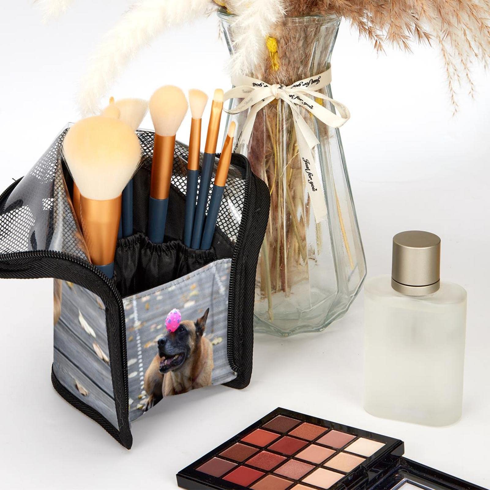 12-Piece Makeup Brush Organizer Bag with Portable Holder Case - Autumn Brown Dog Ball Design for Travel & Home Storage | Perfect Cosmetic Brush Set for Professional Artists & Beginners
