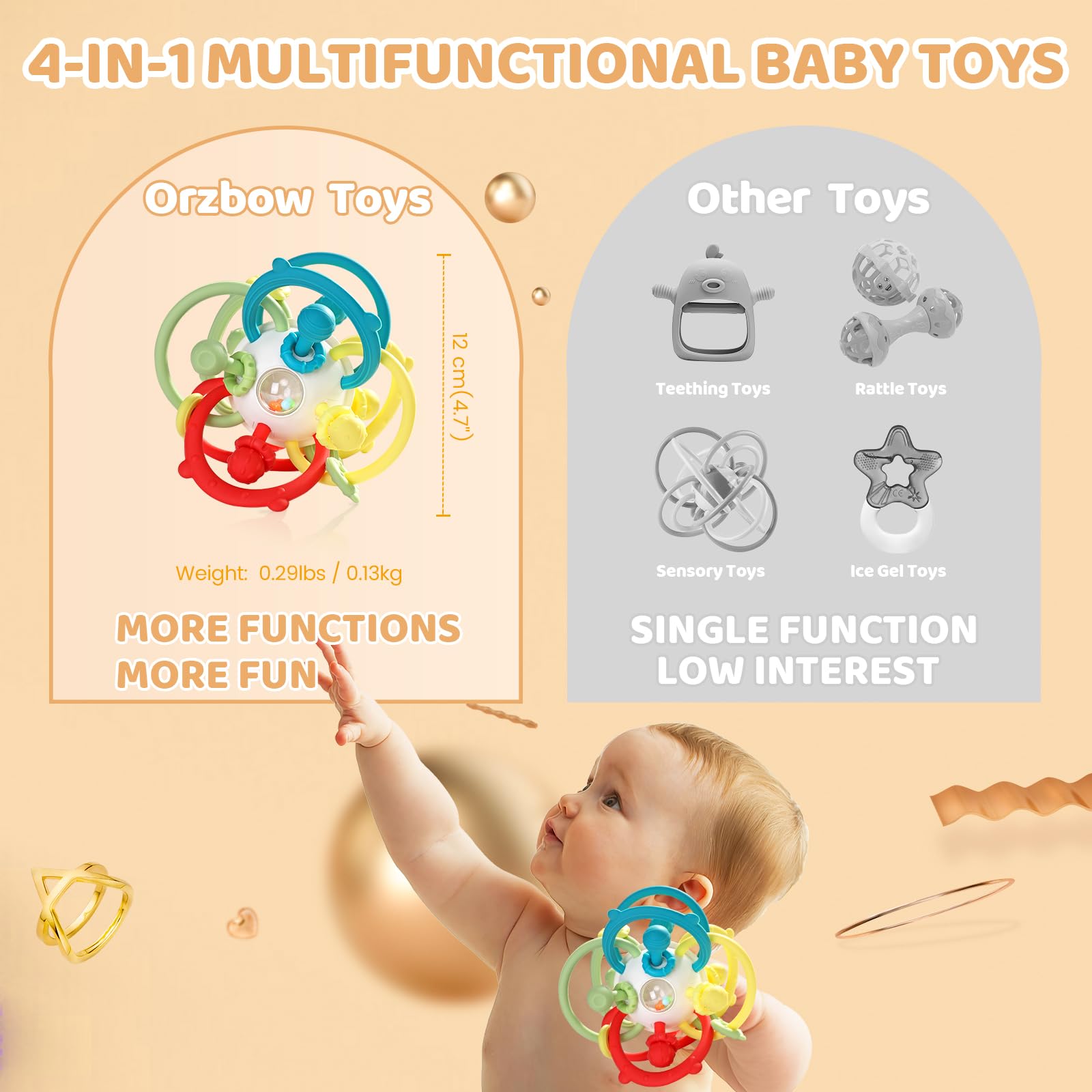 Orzbow Baby Rattle & Sensory Teething Toys for Infants 3-12 Months - Montessori Teether for Soothing Gums, Educational Chew Toy for Toddlers to Stimulate Development - Perfect for Playtime, Travel & Early Learning Activities