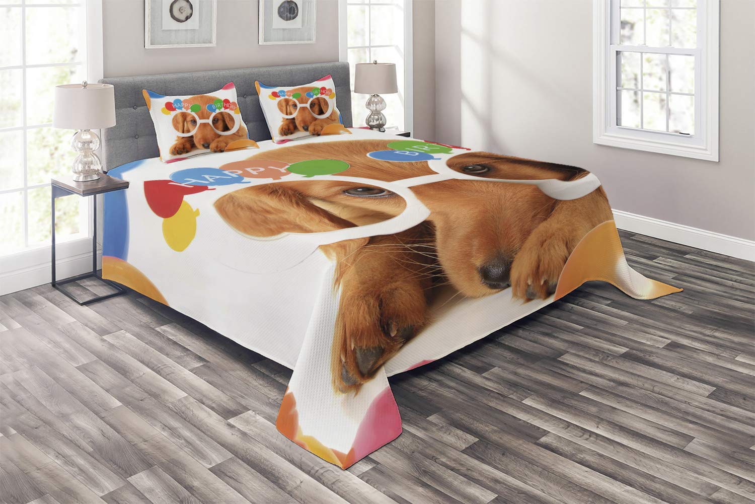 Ambesonne Birthday Party Quilt Set - 3 Piece Queen Size Bedspread with 2 Pillow Shams, Celebration Puppy Dog with Glasses & Balloons Design, Multicolor Decorative Bedding - Perfect for Birthday Decorations, Themed Parties & Cozy Home Decor