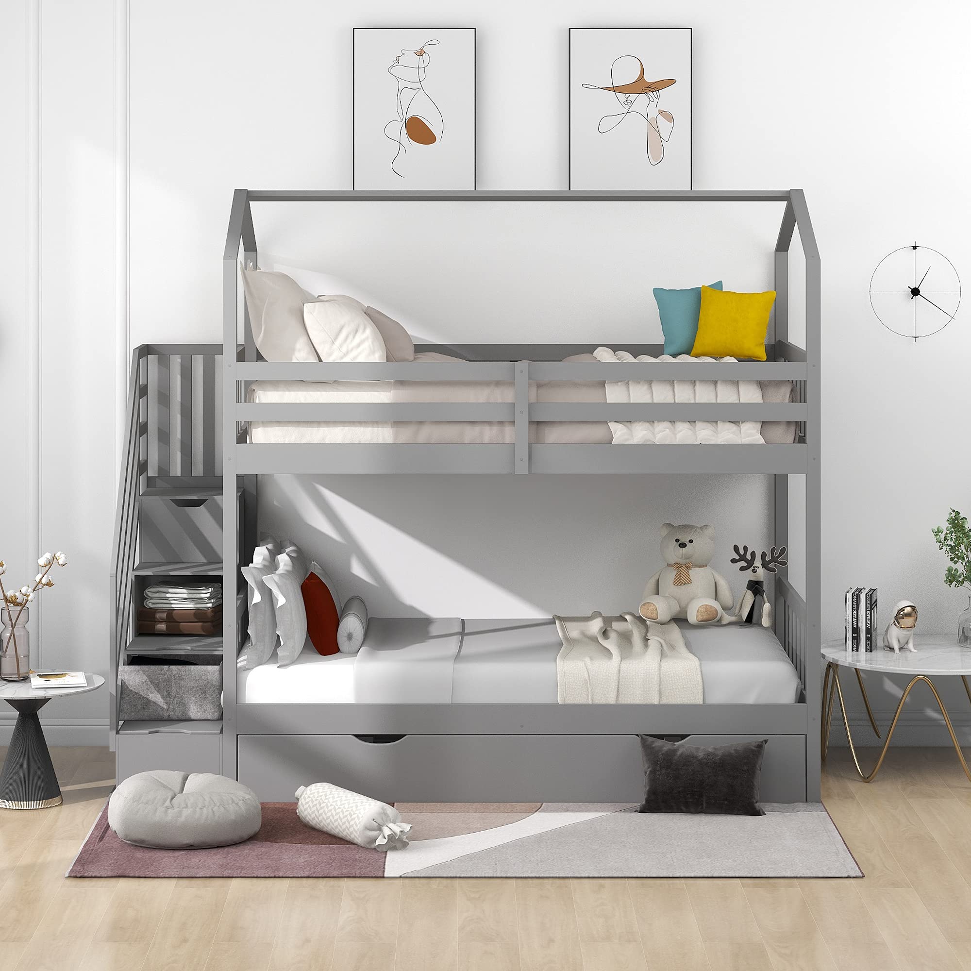 Multifunctional Twin Over Twin Bunk Bed with Staircase & Storage | Space-Saving Kids Bedroom Furniture for Small Rooms, Guest Rooms & Vacation Homes
