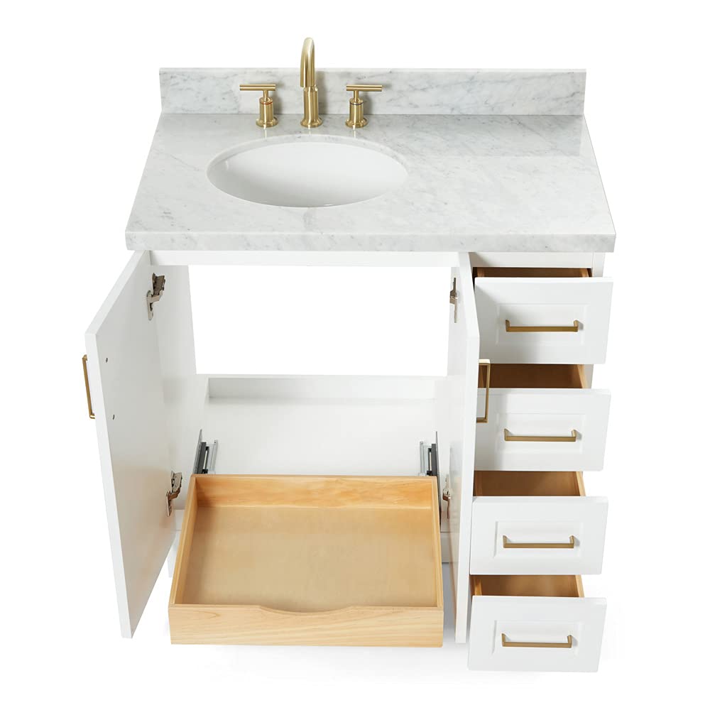 ARIEL Taylor 37 Inch White Bathroom Vanity with Sink - Solid Wood Base Cabinet, Carrara Marble Countertop, Left Rectangular Undermount Single Sink, 2 Soft Closing Doors & 5 Drawers - Perfect for Modern Bathroom Renovation, Small Space Design, and Luxury Home Upgrade
