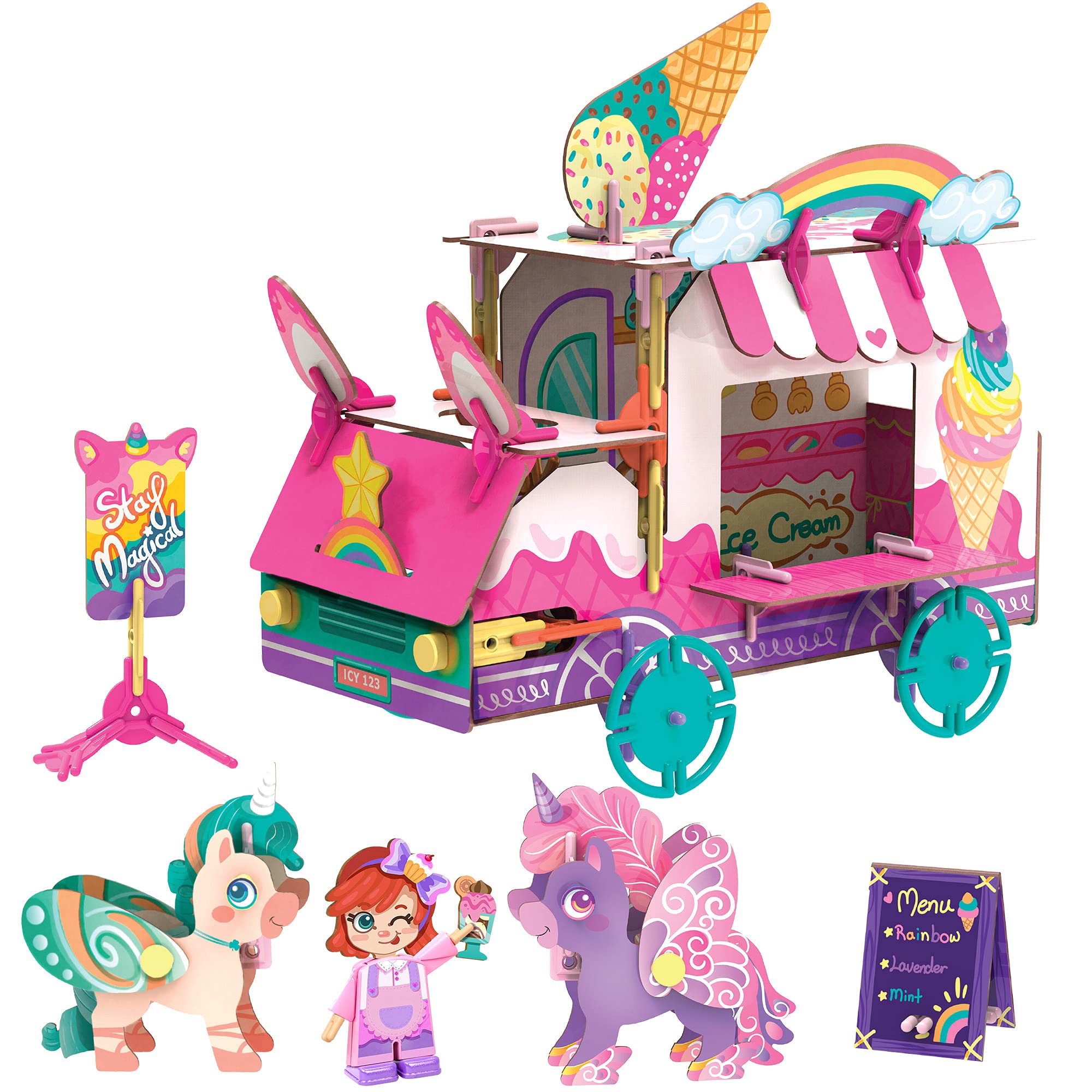 Unicorn Ice Cream Truck Toy - DIY Magical Animals Play Set for Kids Ages 6+, STEM Learning 3D Puzzle Building Kit | Perfect for Birthday Gifts & Creative Playtime
