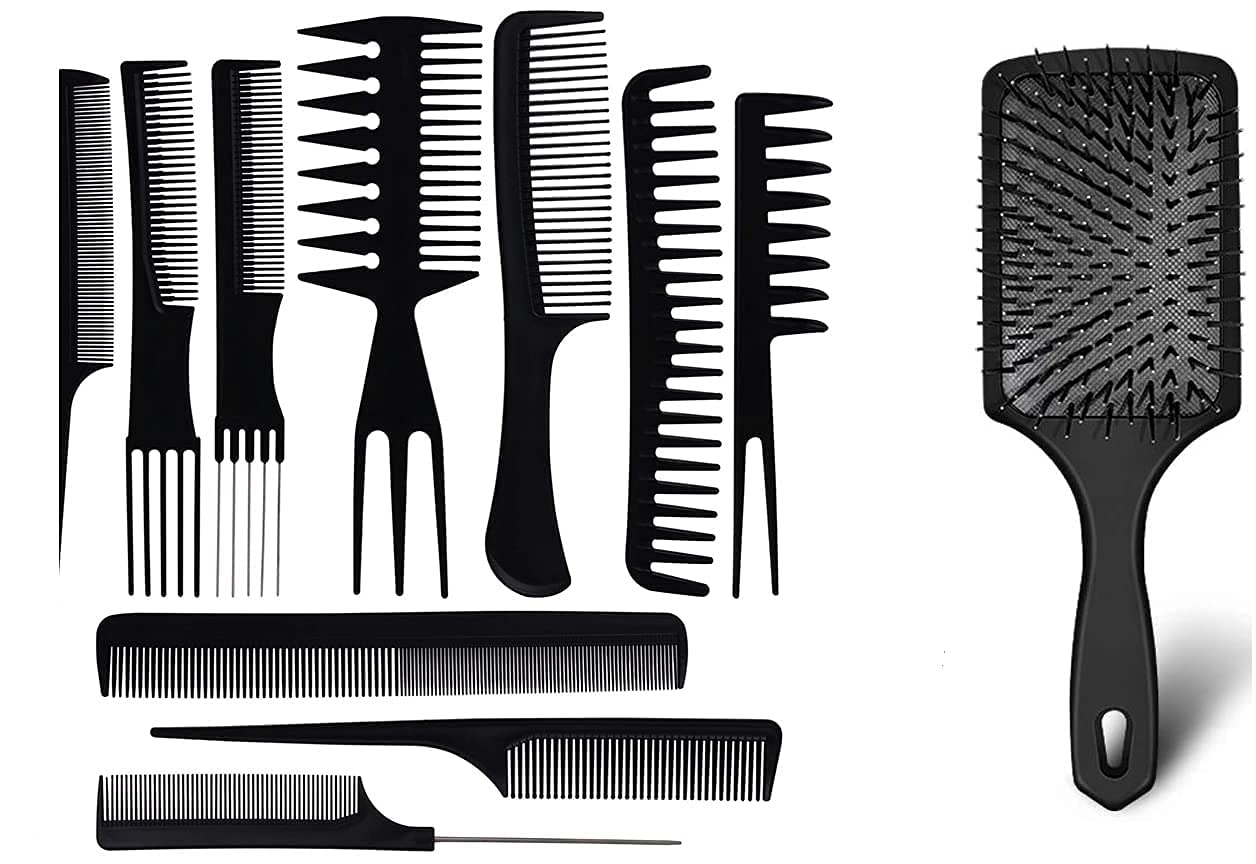ZYCOFORD 10-Piece Hair Comb Set - Plastic Styling Combs & Paddle Brush for All Hair Types (Pack of 11) - Perfect for Salon, Home, Travel & Professional Hairstyling