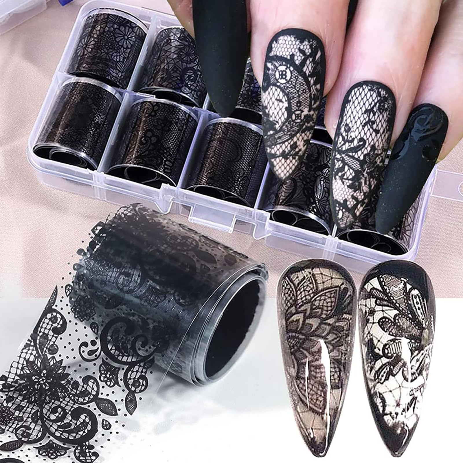 20 Rolls White & Black Holographic Lace Nail Foil Sheets - DIY Nail Art Transfer Foil for Manicure, Nail Stickers & Decals - Perfect for Salon, Home Nail Designs & Party Nail Decorations