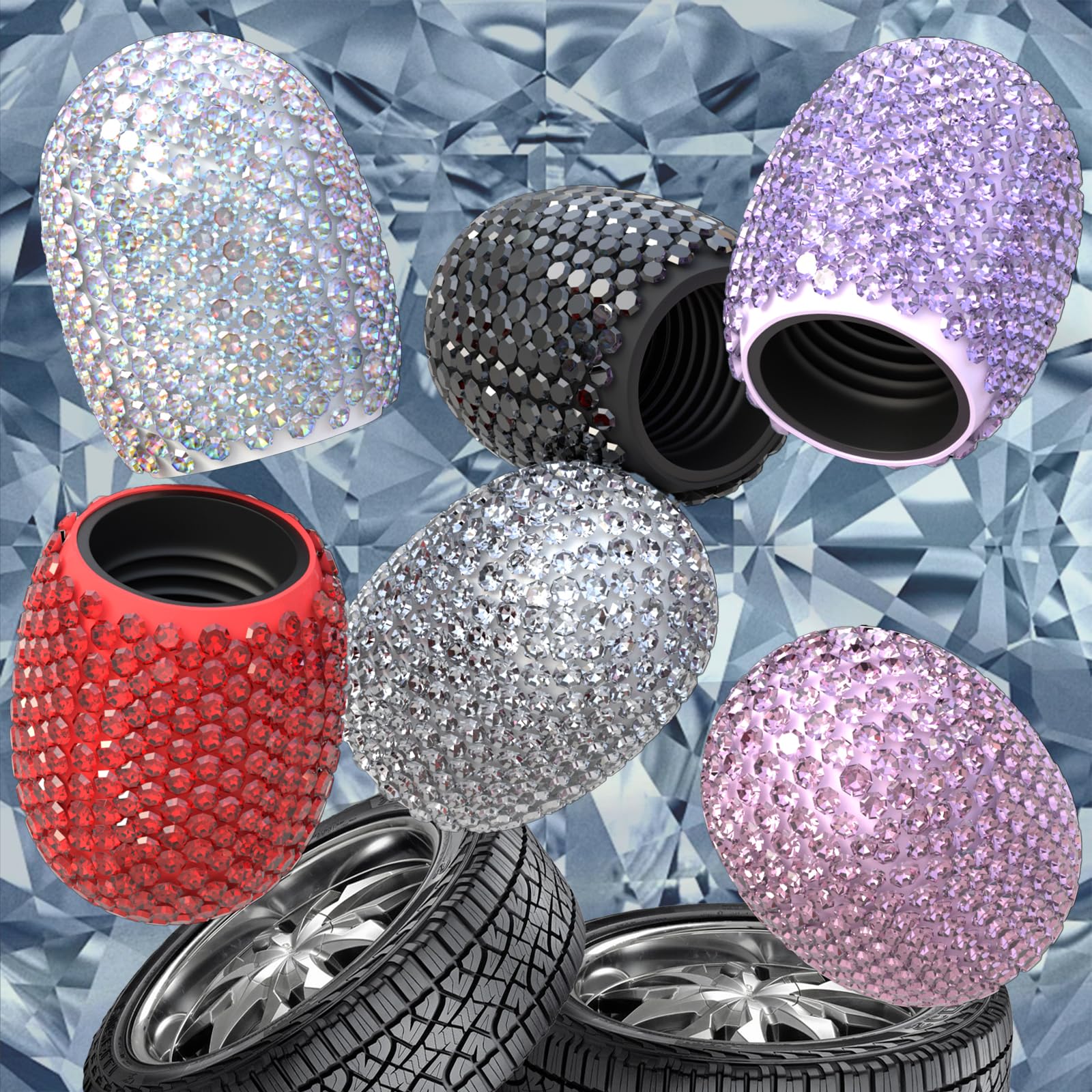 4Pcs Bling Tire Valve Caps - Pink Crystal Diamond for Women, Car Accessories