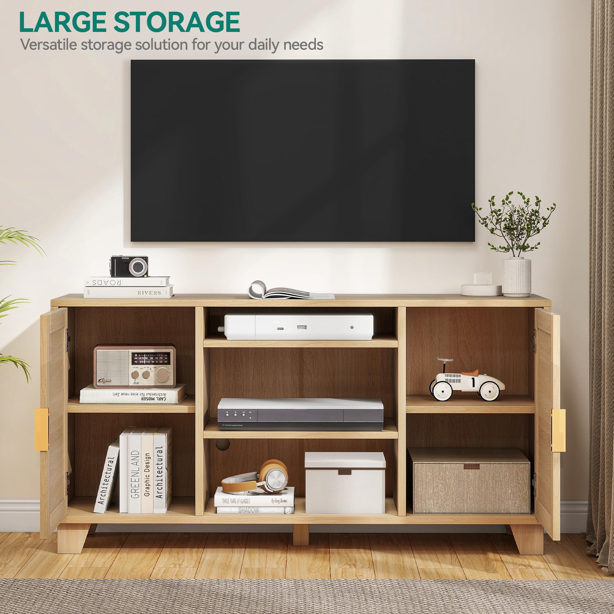 YITAHOME 65 Inch TV Stand with Rattan Doors - Boho Entertainment Center with Storage Cabinets & Adjustable Shelves, Long Media Console for Living Room, Bedroom, or Home Theater