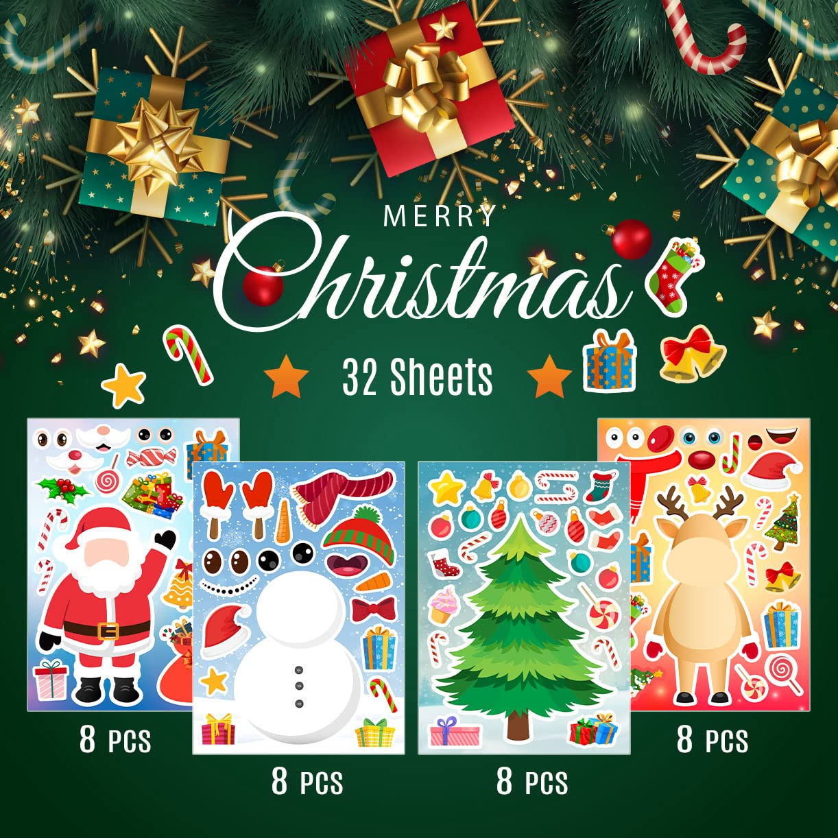 32 Sheets Christmas Stickers for Kids - DIY Holiday Sticker Craft Kit - Fun Christmas Party Favors & Classroom Activities - Perfect for Scrapbooking, Gift Wrapping & Holiday Decorations