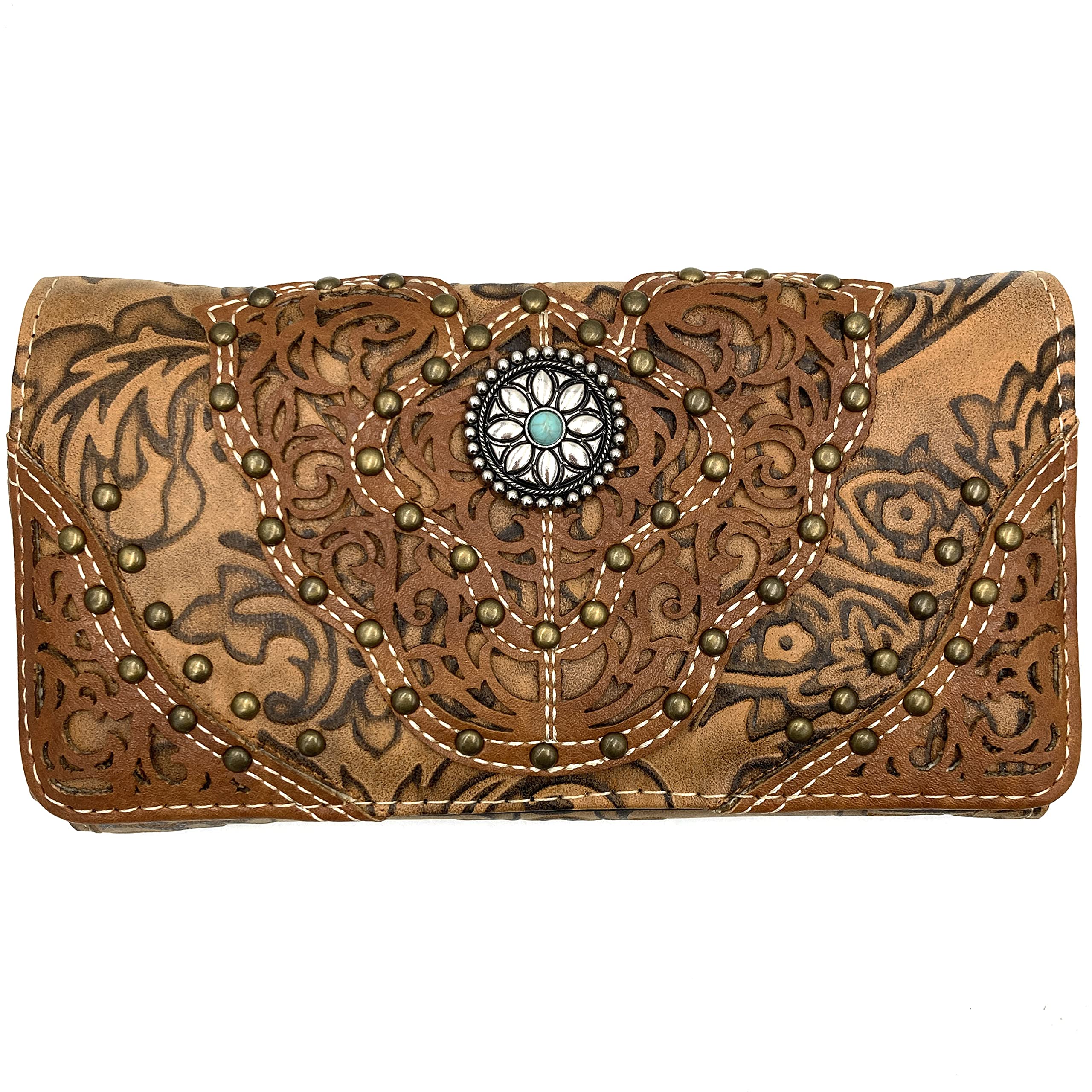 Zelris Women's Western Floral Damask Pattern Medallion Crossbody Wrist Trifold Wallet in Tan - Stylish Leather Wallet for Everyday Use, Travel & Shopping