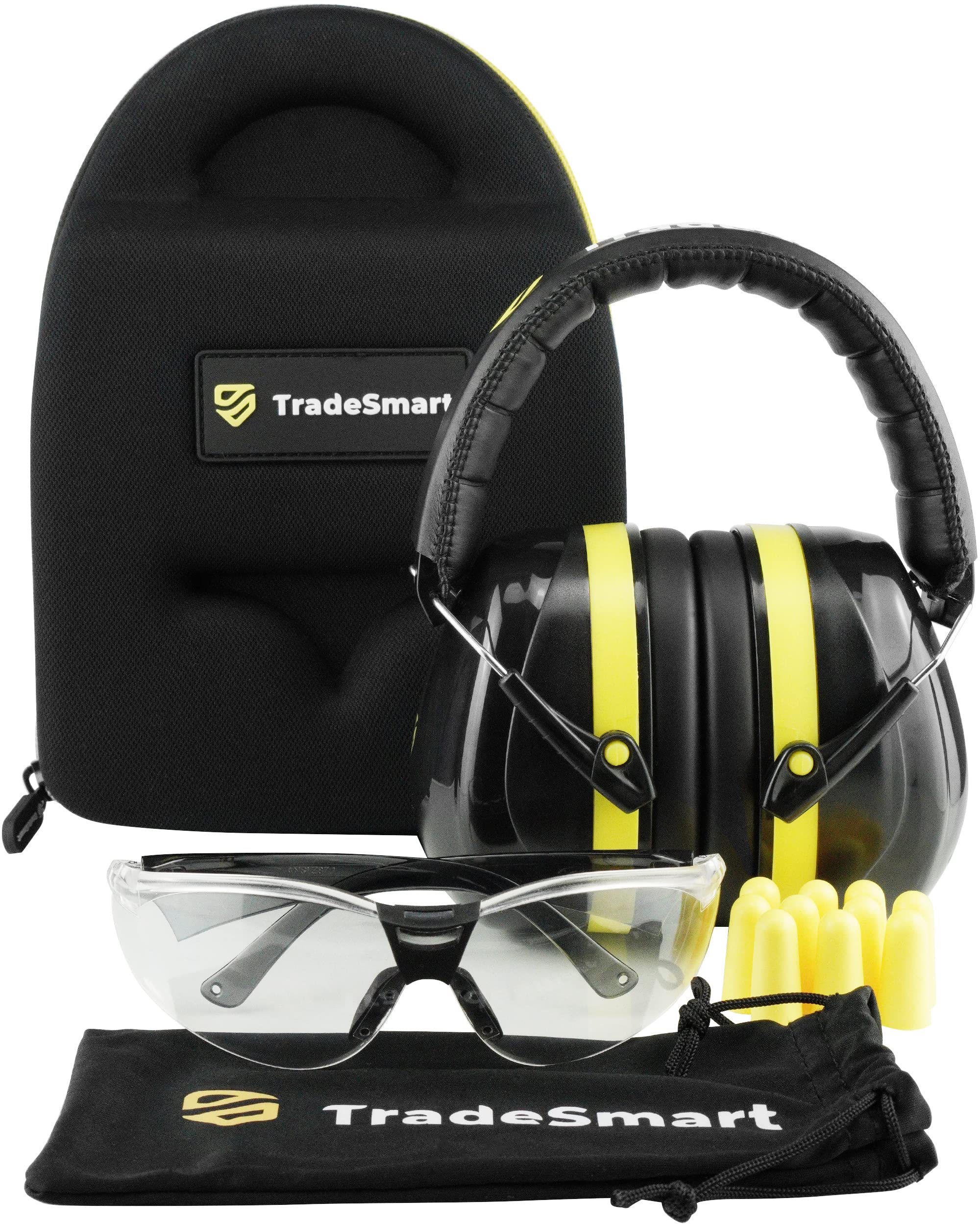 TradeSmart Safety Glasses with Hearing Protection Ear Muffs & Pouch - ANSI Certified for Woodworking, Chainsaw Use, Construction Work - Perfect for DIY Projects and Industrial Safety Gear