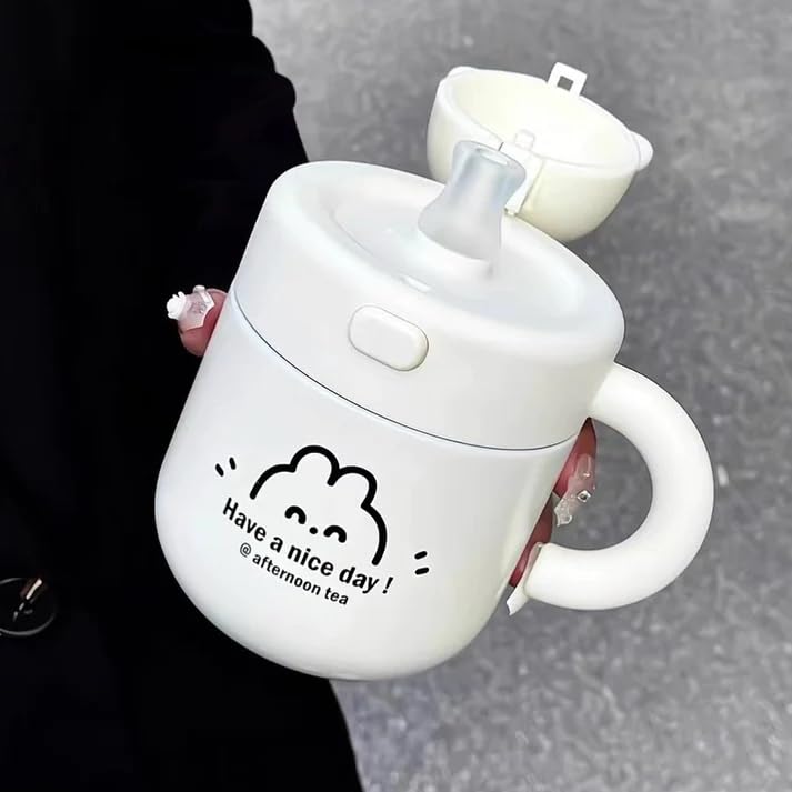 Cute Bunny Bear Stainless Steel Double Walled Vacuum Insulated 530ml Leak Proof Straw Tumbler with Lid - Perfect for Kids, Travel, Office & Outdoor Activities (White)