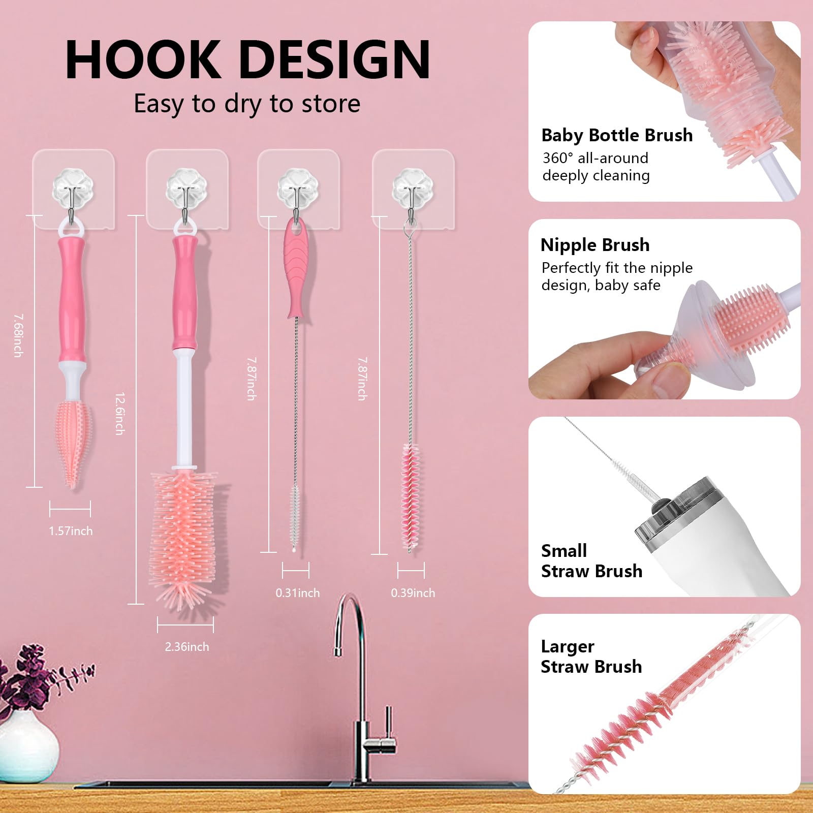 **Silicone Cleaning Brush Set - Food-Grade Dishwasher Safe Bottle & Crevice Scrubber - Durable Household Cleaning Brushes for Kitchen, Baby Bottles & Hard-to-Reach Areas (Pink)**