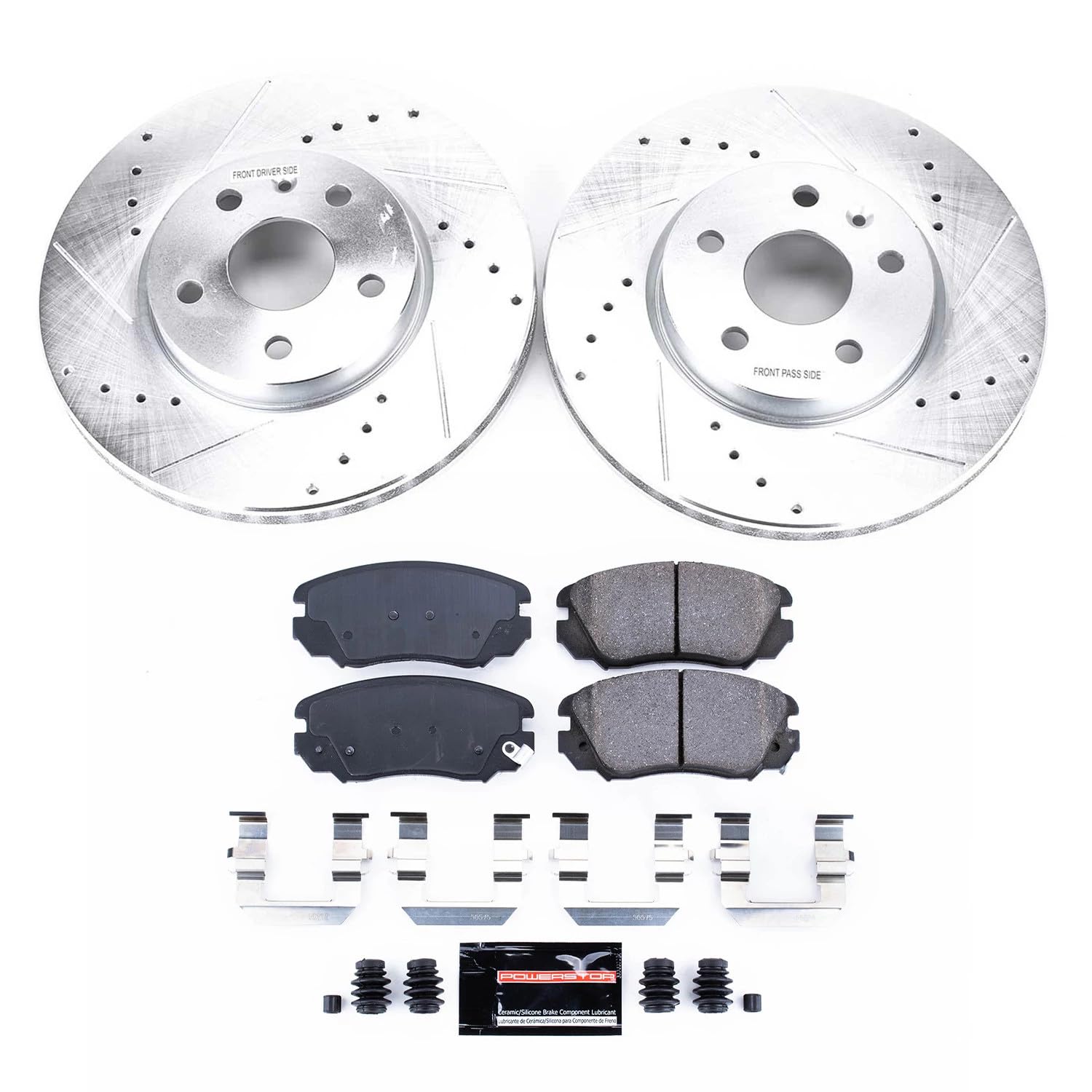 Power Stop K5334 Z23 Carbon Fiber Brake Pads & Drilled Slotted Rotors Kit - Compatible with Buick LaCrosse, Regal | Chevy Equinox, Impala, Malibu | GMC Terrain | Saab 9-5 - High Performance Braking for Daily Driving & Highway Safety