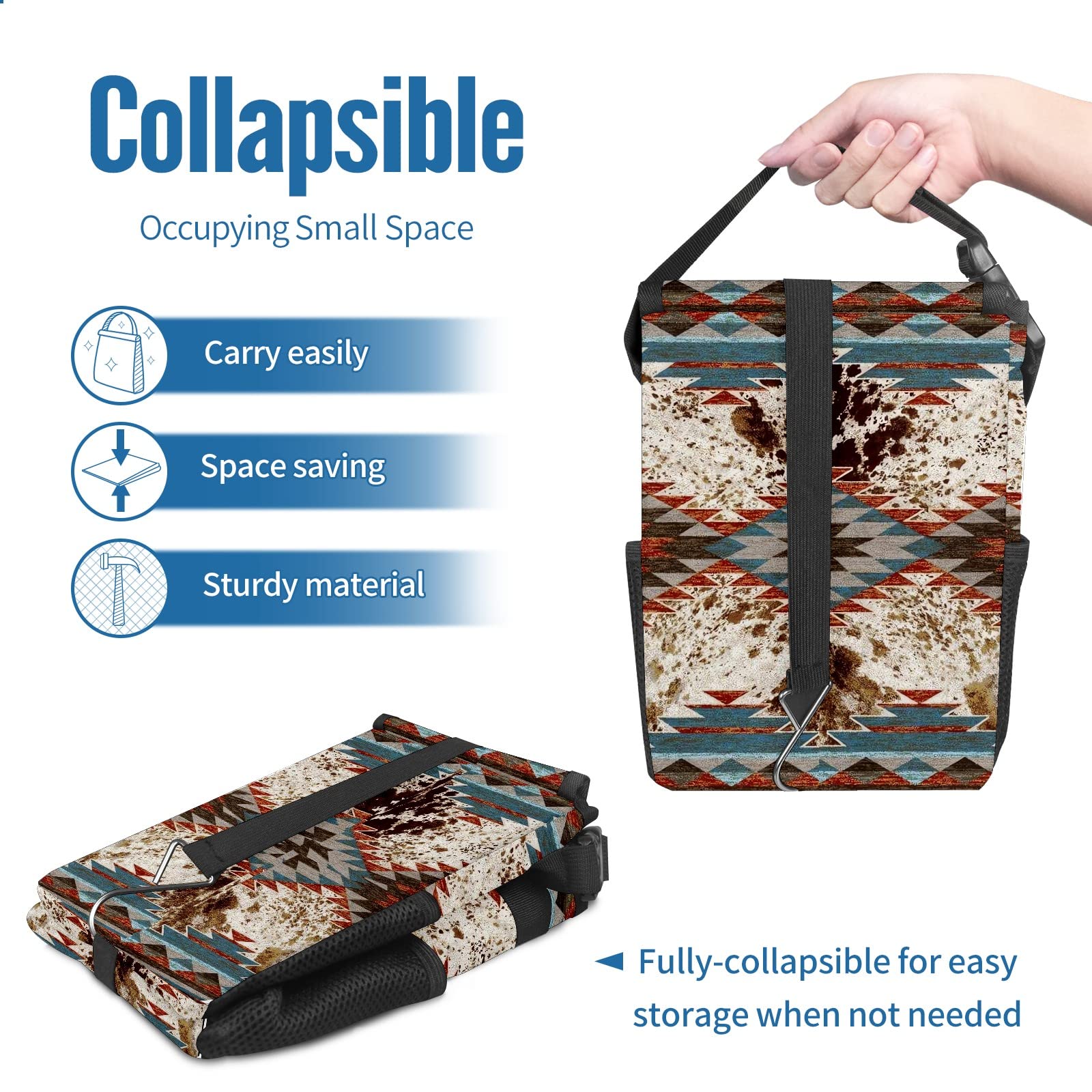 Western Aztec Cow Print Collapsible Car Trash Can with Lid - Reusable Waterproof Auto Garbage Bag for Car, Truck & SUV - Perfect for Road Trips, Commuting & Travel Accessories