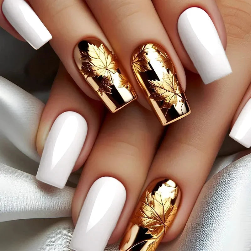 24-Piece Retro Gold False Nails - Medium Length Square Ballet Acrylic Press-On Nails with Maple Leaf Designs - Fake Nails with Jelly Glue - Perfect for Parties, Weddings, and Special Occasions