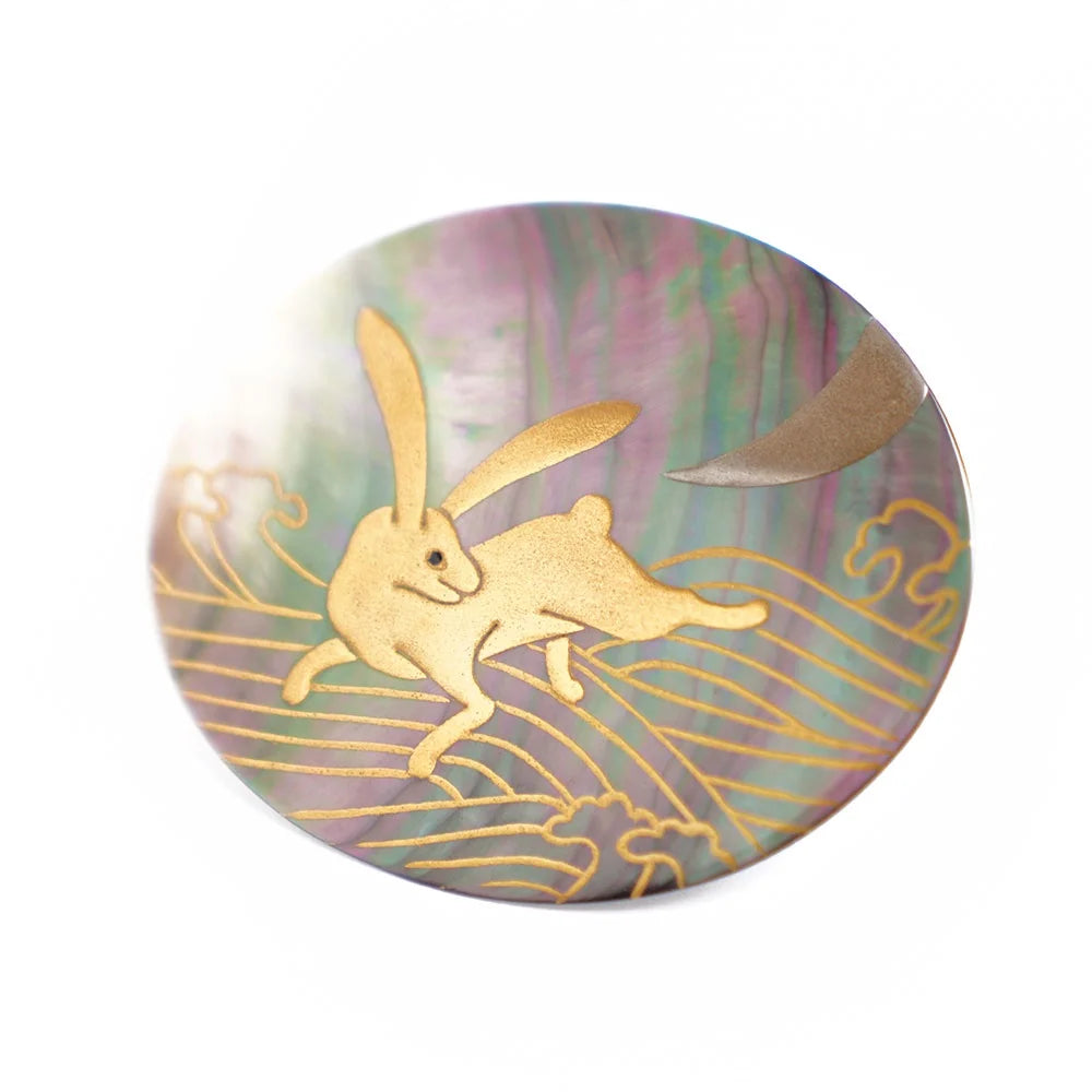 Handcrafted Japanese Maki-e Urushi Lacquer Brooch with Black Lip Oyster Pearl Shell & Rabbit Design - Traditional Artisan Jewelry for Women | Perfect for Formal Occasions, Gift Giving & Cultural Fashion Statements
