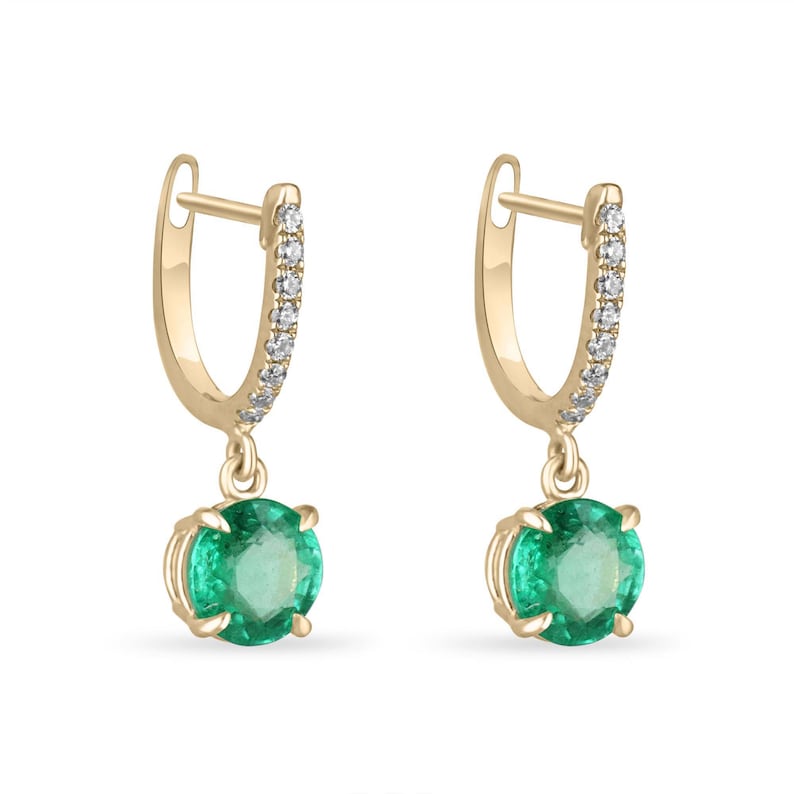 14K Gold Natural Vivid Spring Green Round Emerald & Diamond Accent Knife Edge Huggie Dangle Earrings - 2.80tcw Elegant Jewelry for Women, Perfect for Weddings, Parties & Special Occasions