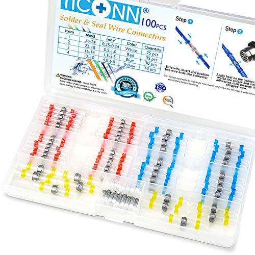 TICONN 100PCS Heat Shrink Solder Seal Wire Connectors - Waterproof & Insulated Electrical Butt Splice Terminals for Automotive, Marine & Home Wiring (100PCS) - Perfect for DIY Electrical Repairs, Boat Wiring & Outdoor Lighting Projects