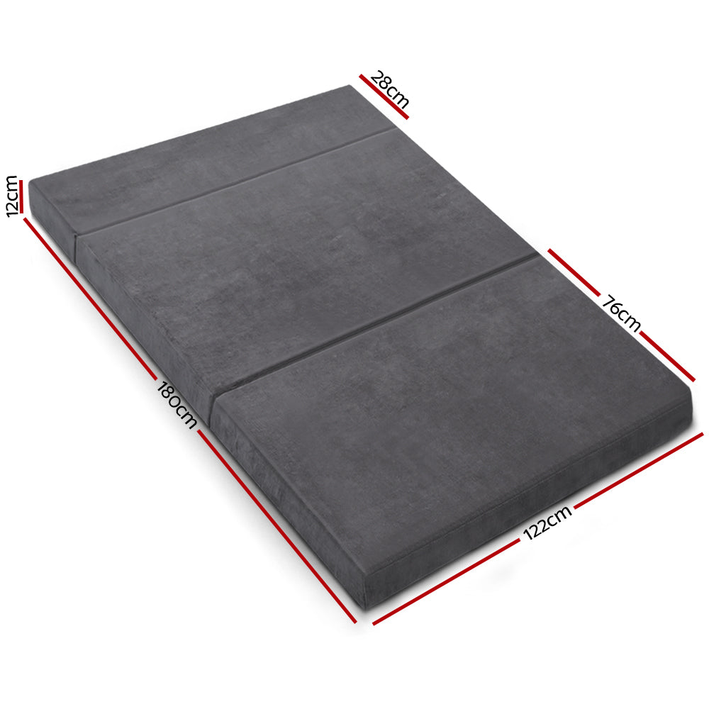 Double Size Folding Foam Mattress - Portable Guest Bed & Floor Mat - Velvet Dark Grey for Camping, Sleepovers & Small Spaces