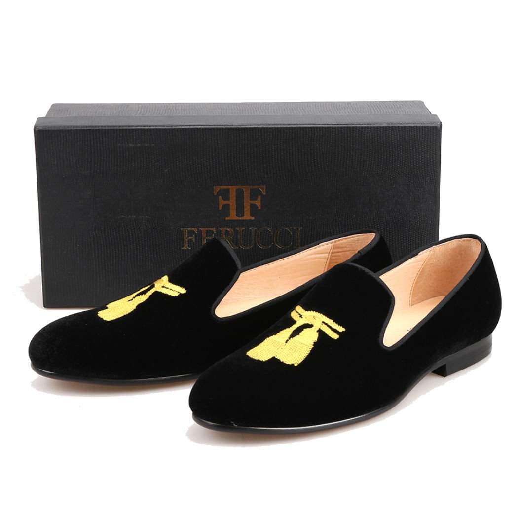 FERUCCI Men's Black Velvet Loafers with Gold Embroidered Tassel - Comfortable House Slippers for Indoor/Outdoor Wear, Perfect Gift for Dad & Husband
