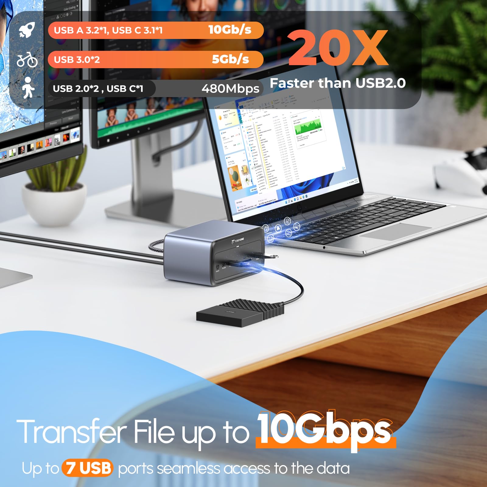 TobenONE 16-in-1 USB C Docking Station with 100W GaN III Charger - Dual 4K HDMI, Triple Display, 7 USB Ports, SD/TF Card Reader, RJ45 Ethernet - Compatible with Thunderbolt 4/3 & USB C Windows Laptops - Perfect for Home Office, Gaming & Multi-Tasking Workspaces