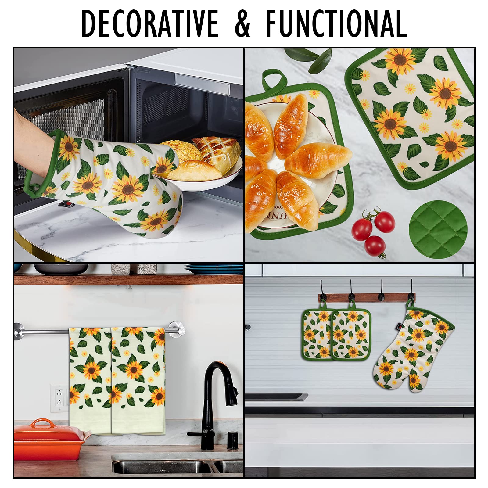 Heat Resistant Oven Mitts and Potholders Set - 100% Cotton Kitchen Accessories for Baking, Cooking & Gifting (5-Piece Sunflower Design) - Perfect for Holiday Meals, BBQ Grilling & Home Kitchen Use