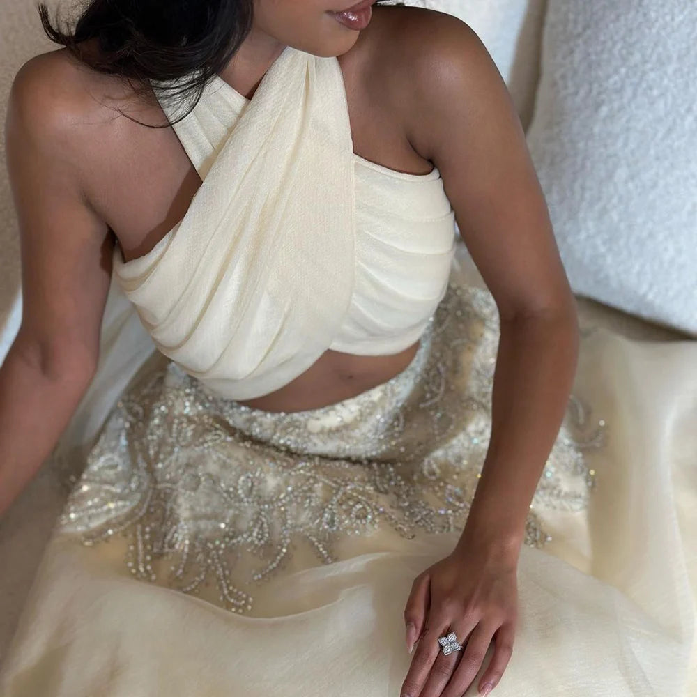 Luxury Beaded Halter Evening Gowns for Women - Serene Hill Dubai Arabic Beige A-Line Dress for Wedding Party & Special Occasions | Elegant Formal Gown LA72278 | Perfect for Red Carpet Events, Galas & Cocktail Parties