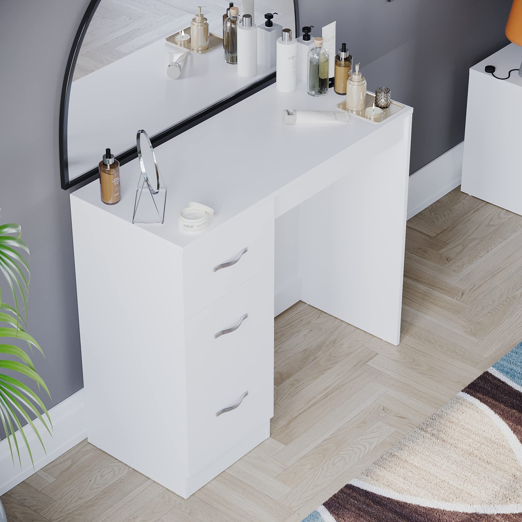 Vida Designs 3-Drawer Makeup Vanity Dresser - White, Bedroom Furniture for Women, Perfect for Makeup Organization & Beauty Routine