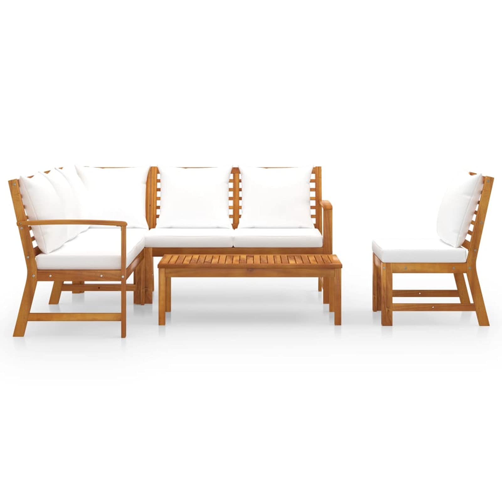 Tidyard 5-Piece Outdoor Patio Furniture Set - White Cushioned Acacia Wood Sectional Sofa with 2 Benches & Coffee Table - Perfect for Garden, Backyard, Terrace, and Poolside Relaxation