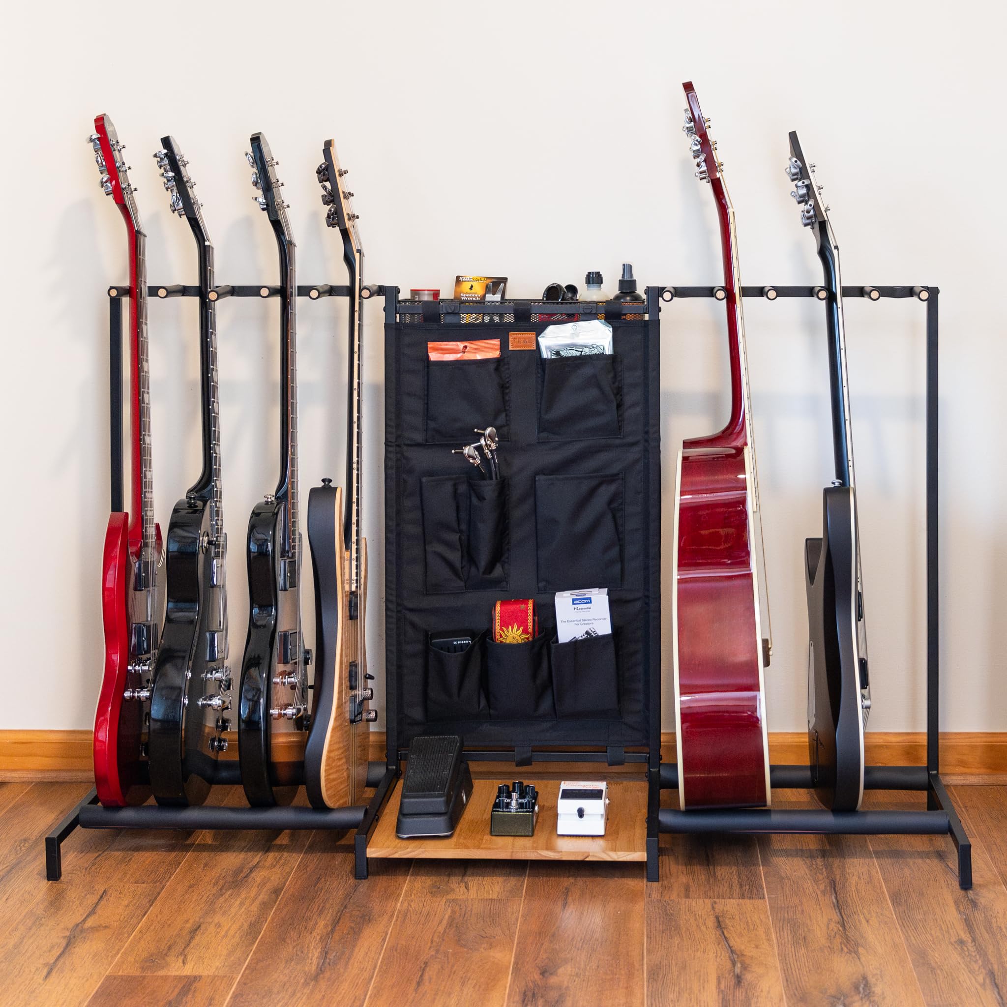 Premium 10-Slot Guitar Stand for Acoustic & Electric Guitars - Heavy Duty Hardwood Shelf with Black Canvas Storage Pockets - Perfect for Home Studios, Music Rooms & Stage Performances