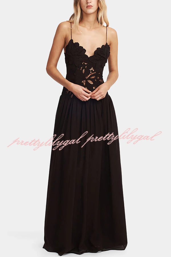 Stephanie Floral Crochet Lace Bust Chiffon Flowy Hem Maxi Dress for Women - Elegant Summer Beach Wedding Party Dress