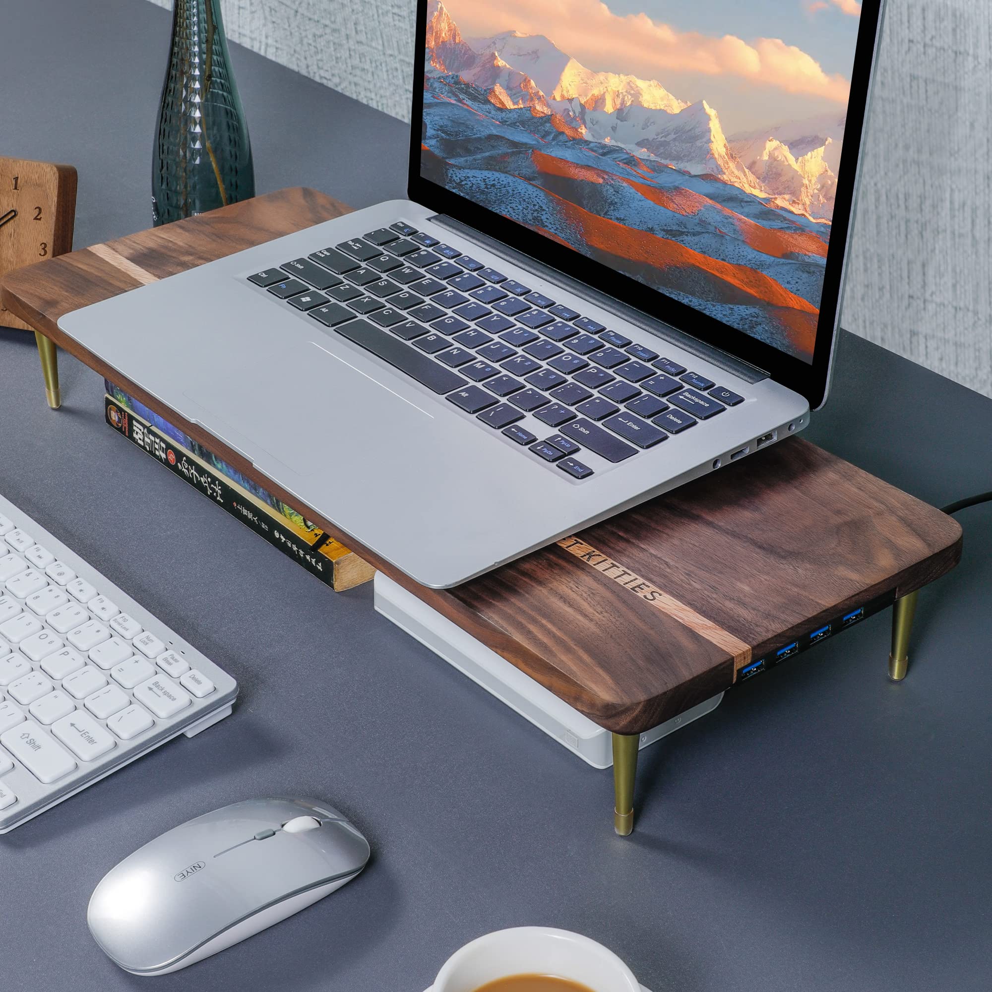 Premium Wood Monitor Stand Riser with 4 USB Ports - American Walnut Desktop Organizer & Charging Hub (20.5x8.3in) - Perfect for Computer, Mac, PC & Smartphone - Ideal for Home Office, Gaming Setup & Workspace Organization