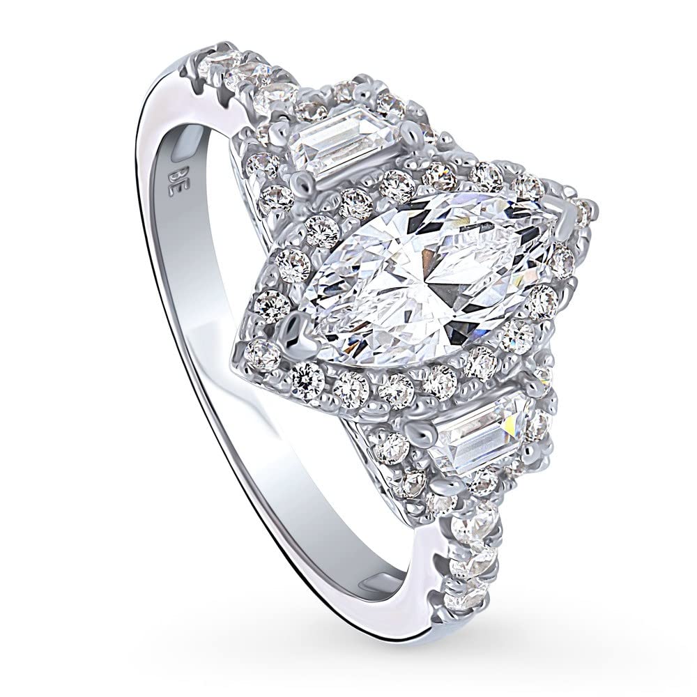 BERRICLE Sterling Silver 3-Stone Wedding Engagement Ring - 1 Carat Marquise Cut Cubic Zirconia CZ Halo Ring for Women - Rhodium Plated Size 4-10 - Perfect for Proposals, Anniversaries & Special Occasions