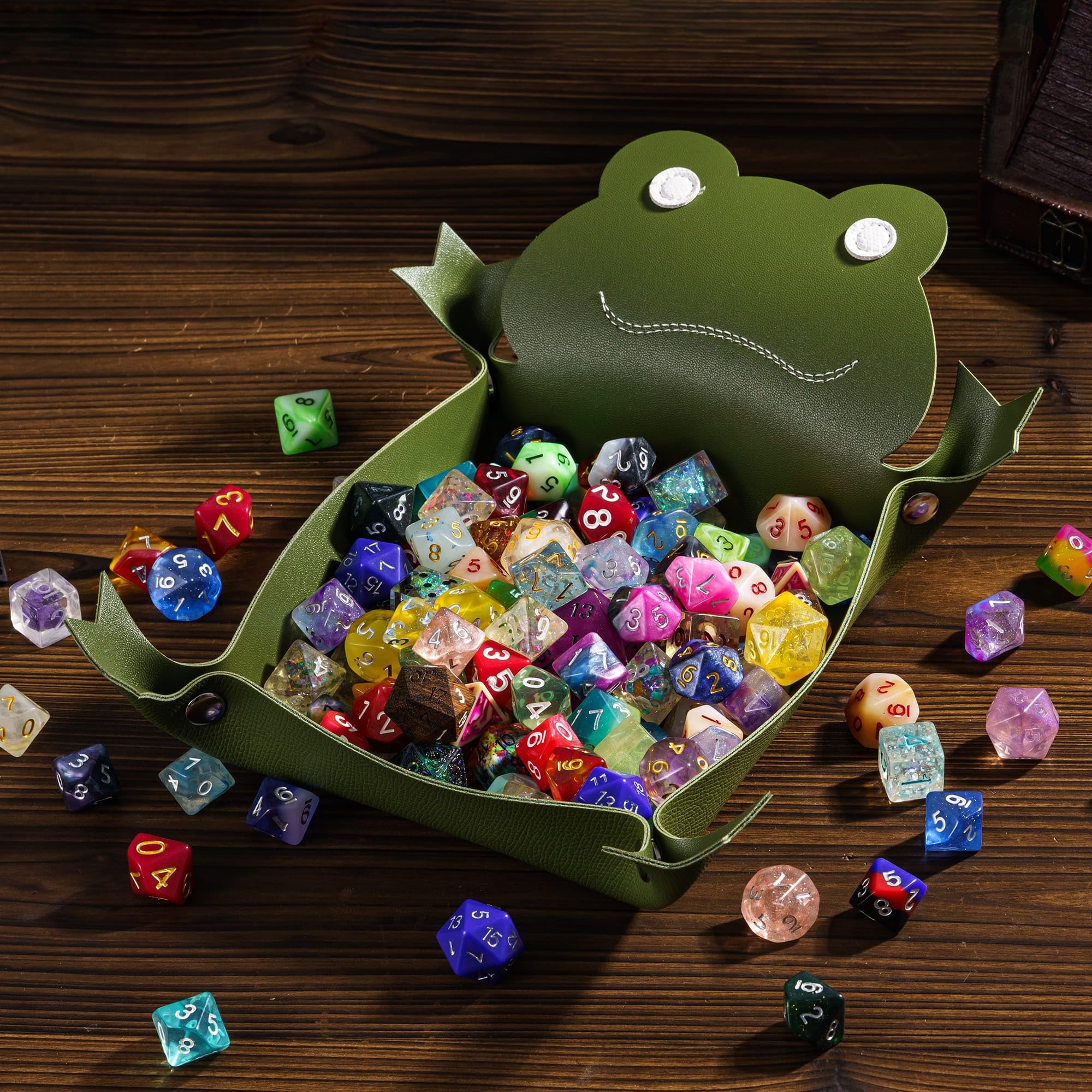 Premium Folding Leather Dice Tray for D&D - Portable Green Frog Design Dice Holder & Storage Organizer - Perfect for Tabletop RPG Games, Board Games, and Travel Gaming Accessories
