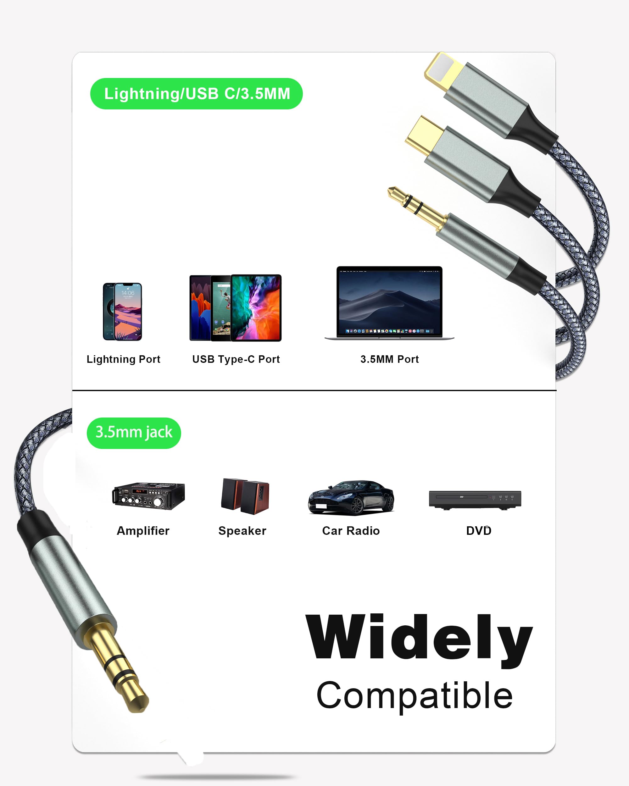 Premium USB C to Aux 3.5mm Car Audio Cable - Nylon Braided 3-in-1 Adapter for iPhone, Headphones & Smartphones - Lightning Compatible for Car Stereo, Home Audio & Portable Speakers