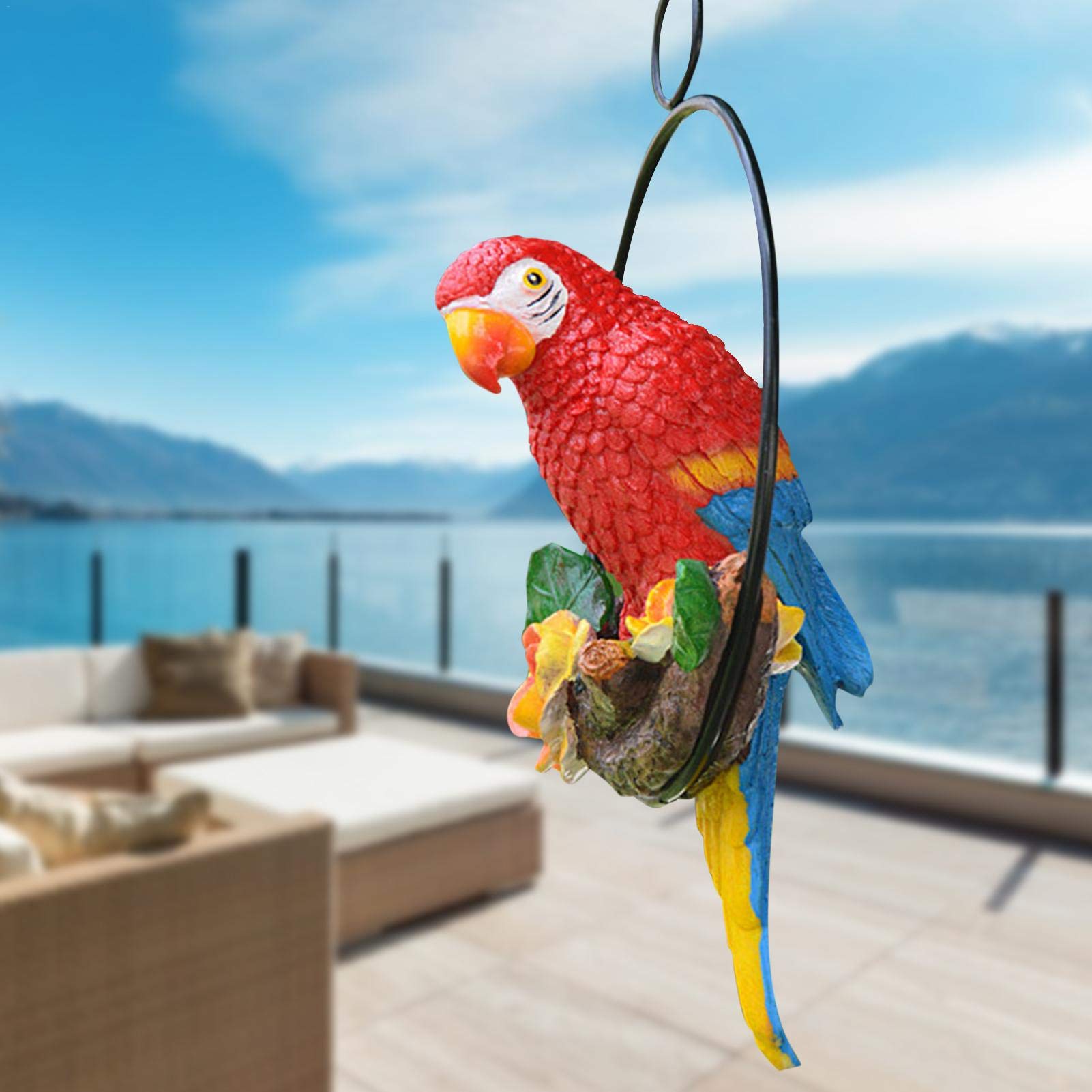 Metal Macaw Parrot Sculpture on Branch - Hanging Tropical Bird Figurine for Patio, Garden & Home Decor | Nature Lover Gift & Collector's Item (Red) | Perfect for Outdoor Spaces, Bird Enthusiasts & Tropical-Themed Interiors