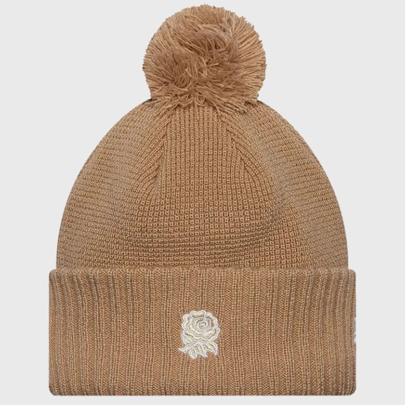 New Era England Rugby Women's Mohair Beige Cuff Knit Beanie Hat - Warm Winter Beanie for Women, Soft Mohair Blend, Stylish Rugby Fan Accessory - Perfect for Cold Weather, Outdoor Sports & Match Days