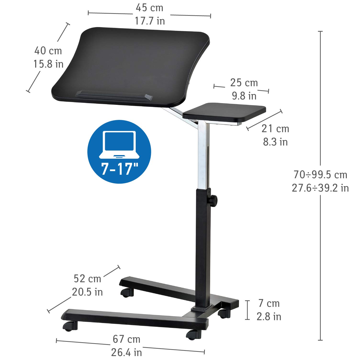 Tatkraft Joy Adjustable Height Portable Laptop Desk with Mouse Pad - Ergonomic Rolling Computer Stand for Home Office, Gaming & Study - Sturdy Black Workstation for Comfortable Computing Anywhere