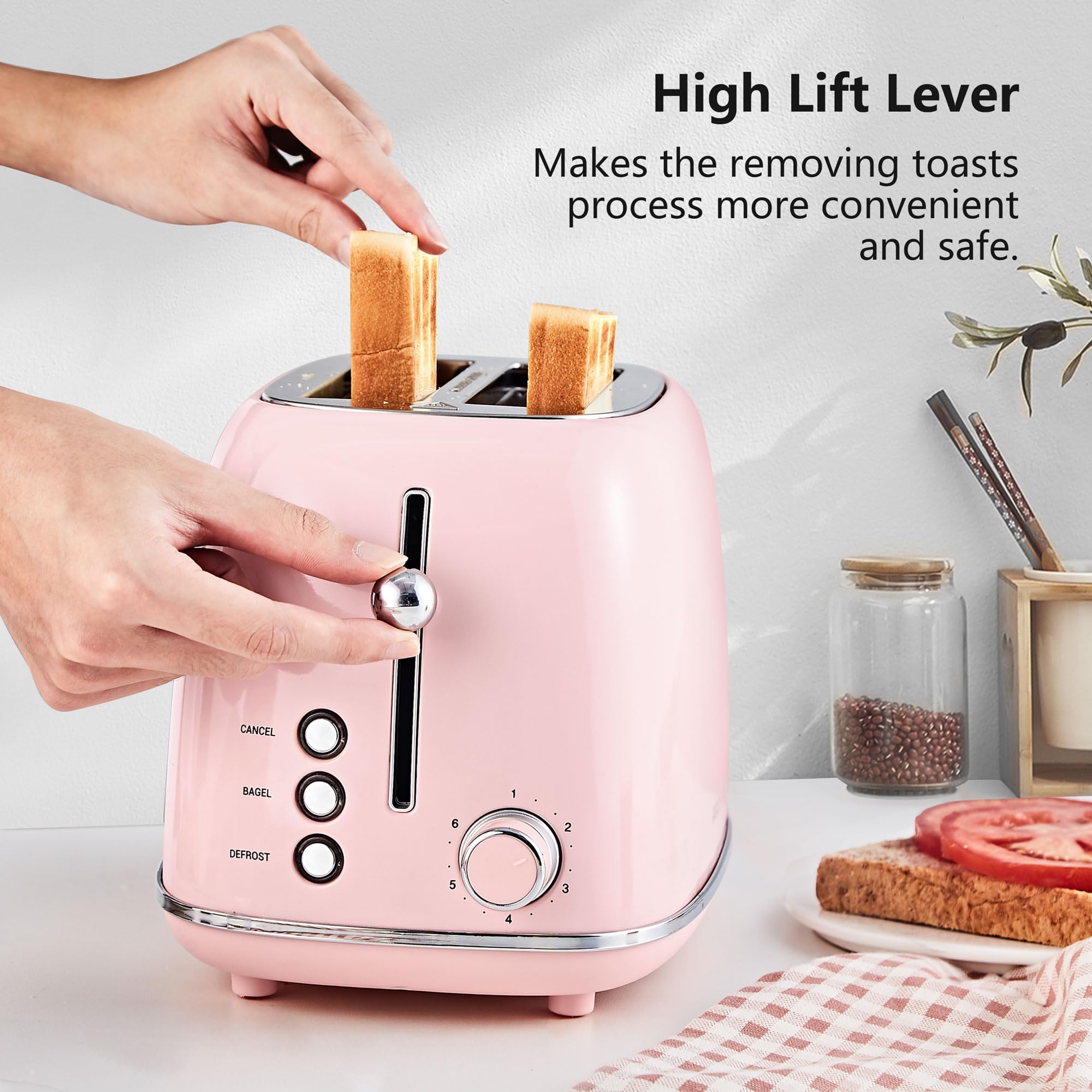 Retro 2-Slice Toaster with Bagel, Cancel & Defrost Functions - 6 Shade Settings, Extra Wide Slots & Removable Crumb Tray - Stainless Steel Pink Toaster for Kitchen, Breakfast, Dorm & Office Use