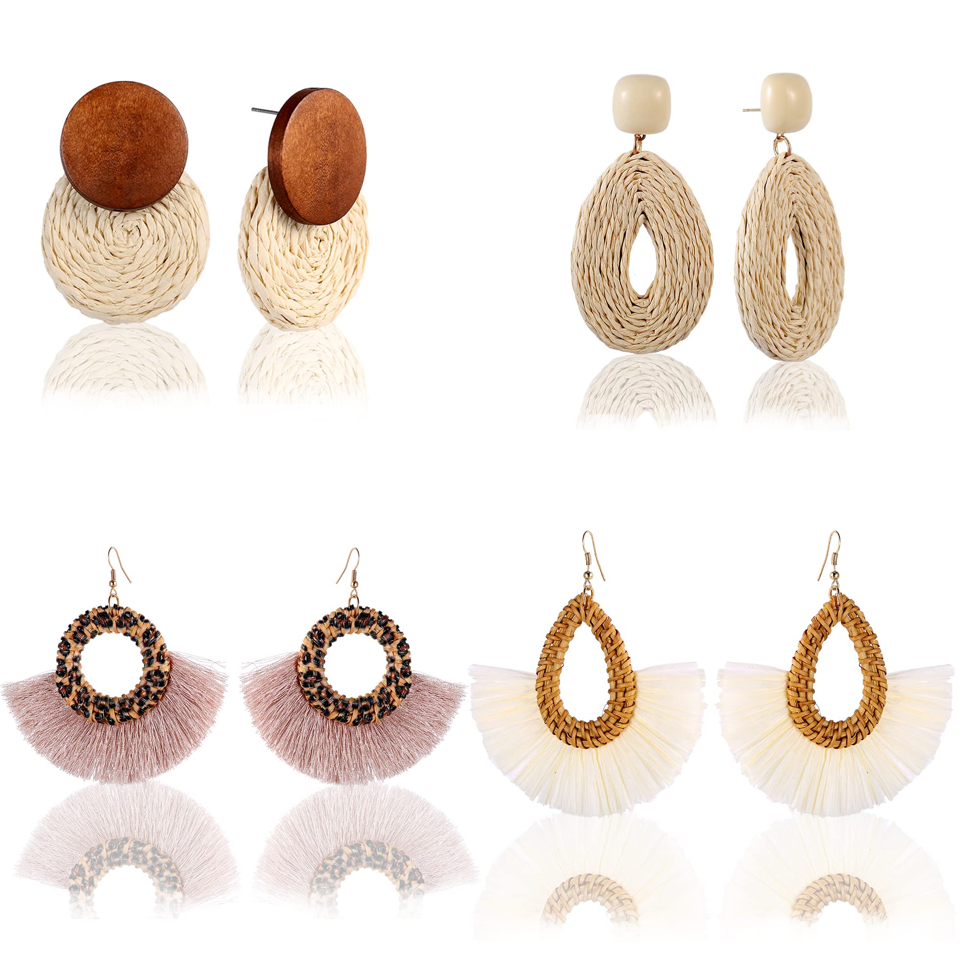 Boho Rattan Dangle Earrings for Women - Handmade Lightweight Straw Tassel Bamboo Hoop Drop Earrings Set - Perfect for Vacation, Beach, Summer Outfits & Boho Fashion Accessories
