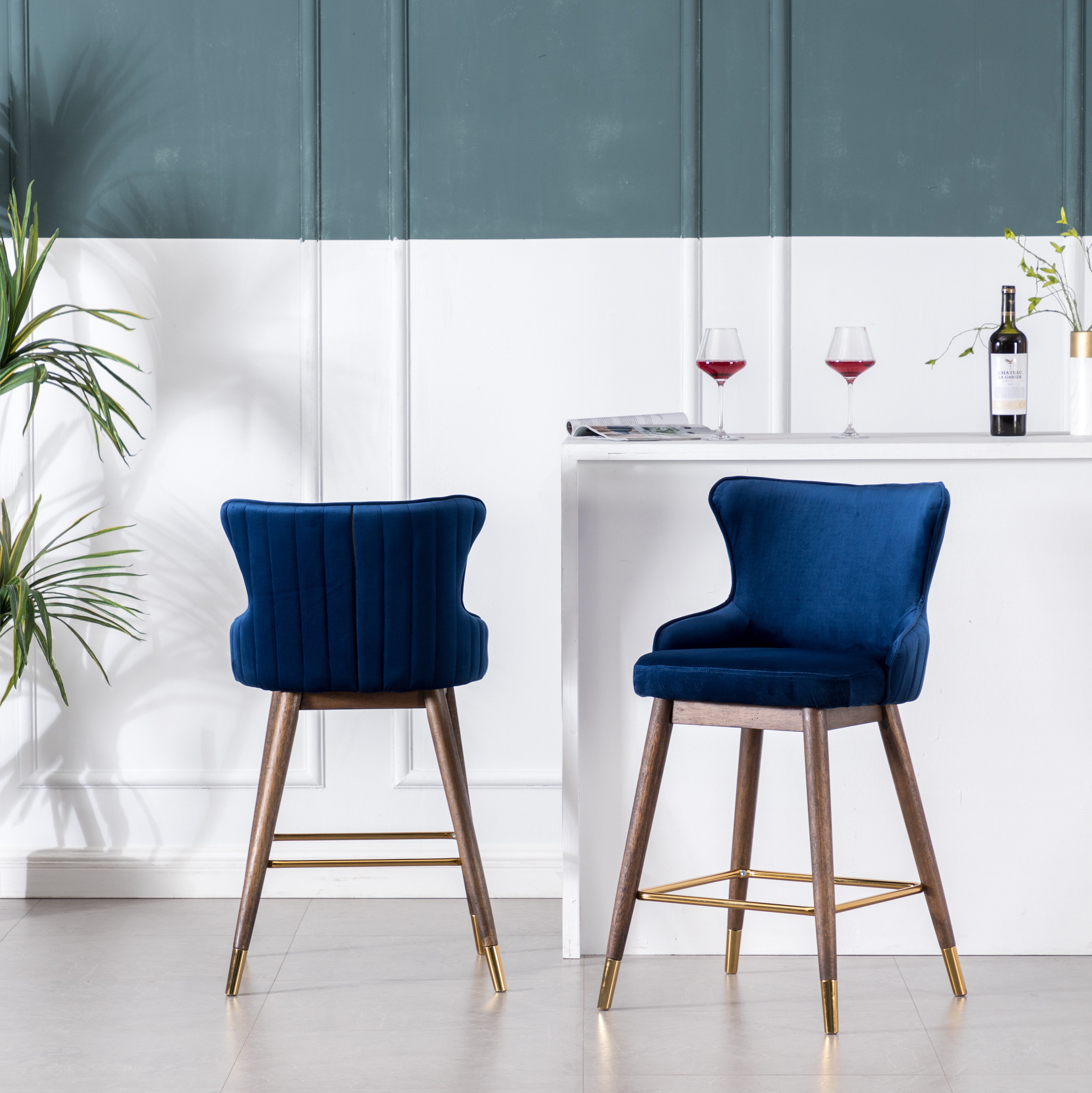 Roundhill Furniture Leland Fabric Upholstered Counter Height Wingback Bar Stools, Blue, Set of 2 - Perfect for Kitchen Islands, Breakfast Nooks & Home Bars
