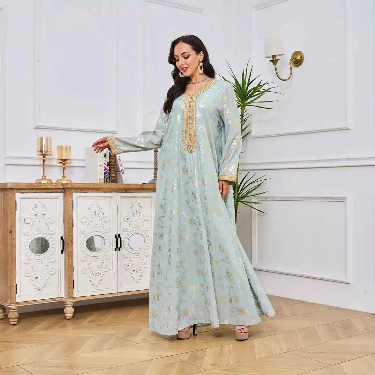 Elegant Eid Bronzing Dress Caftan for Women - Flowy Long Kaftan #25030 | Perfect for Eid Celebrations, Weddings & Special Occasions