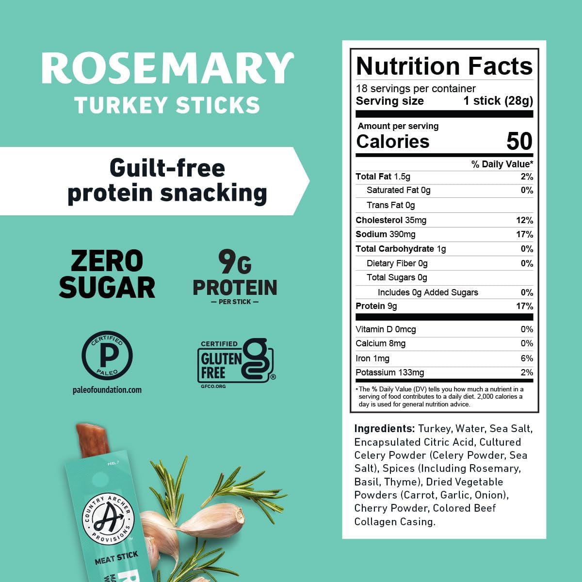 Country Archer 100% Natural Rosemary Turkey Sticks - Gluten Free, Keto Friendly Snack, 1 Ounce (36 Count) | High Protein On-The-Go Snacks for Hiking, Travel & Office