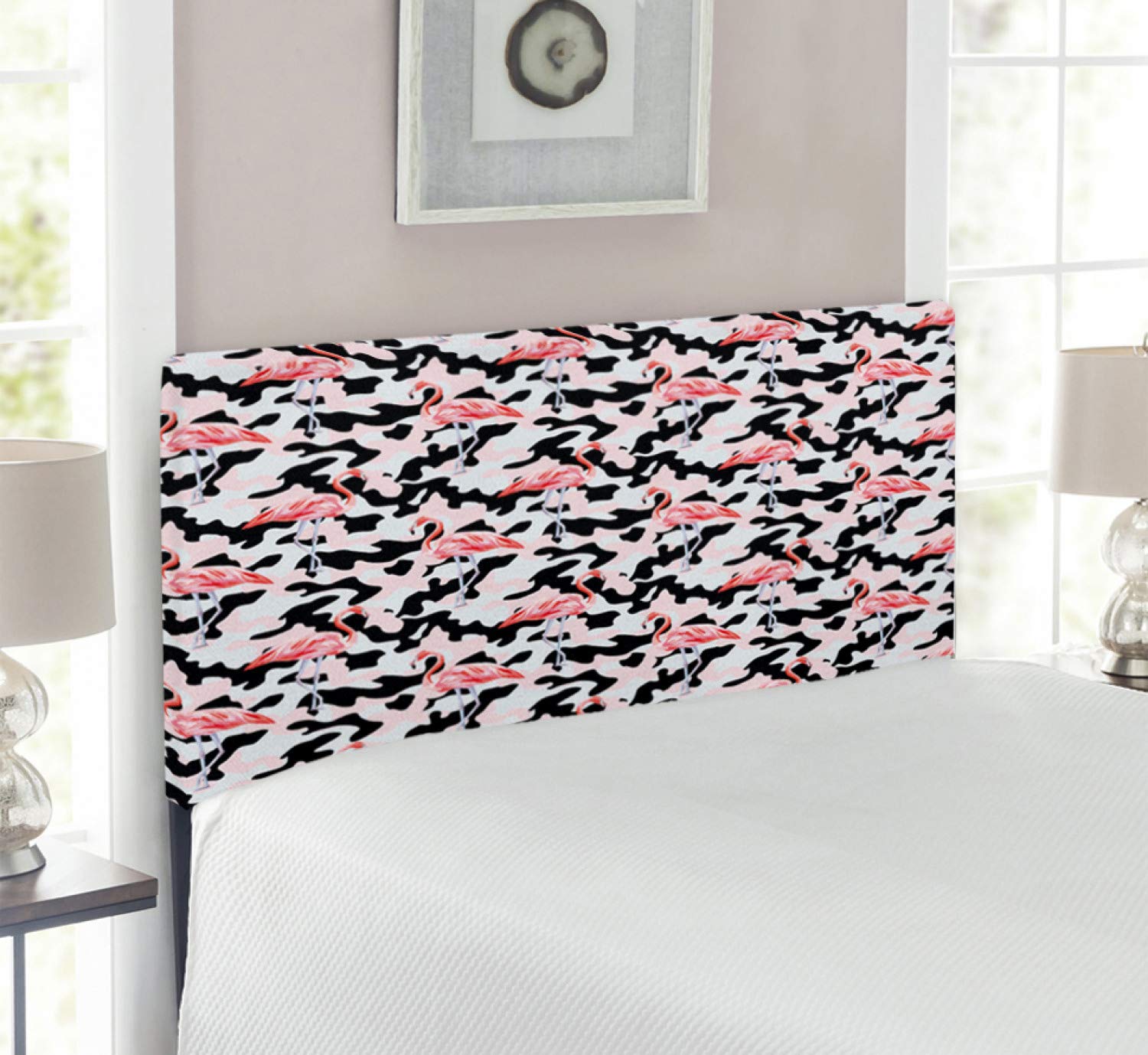 Ambesonne Camo Headboard - Watercolor Pink Flamingo Print Camouflage Upholstered Metal Bed Headboard with Memory Foam, Twin Size, Dark Coral & Pale Pink - Perfect for Bohemian & Tropical Bedroom Decor
