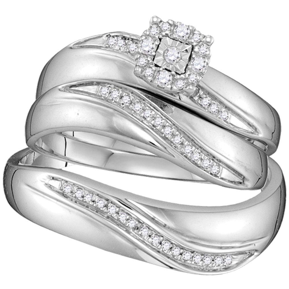 His & Hers Sterling Silver Round Diamond Solitaire Matching Wedding Band Set - 1/5 Cttw - Perfect for Bridal, Anniversary & Engagement Gifts