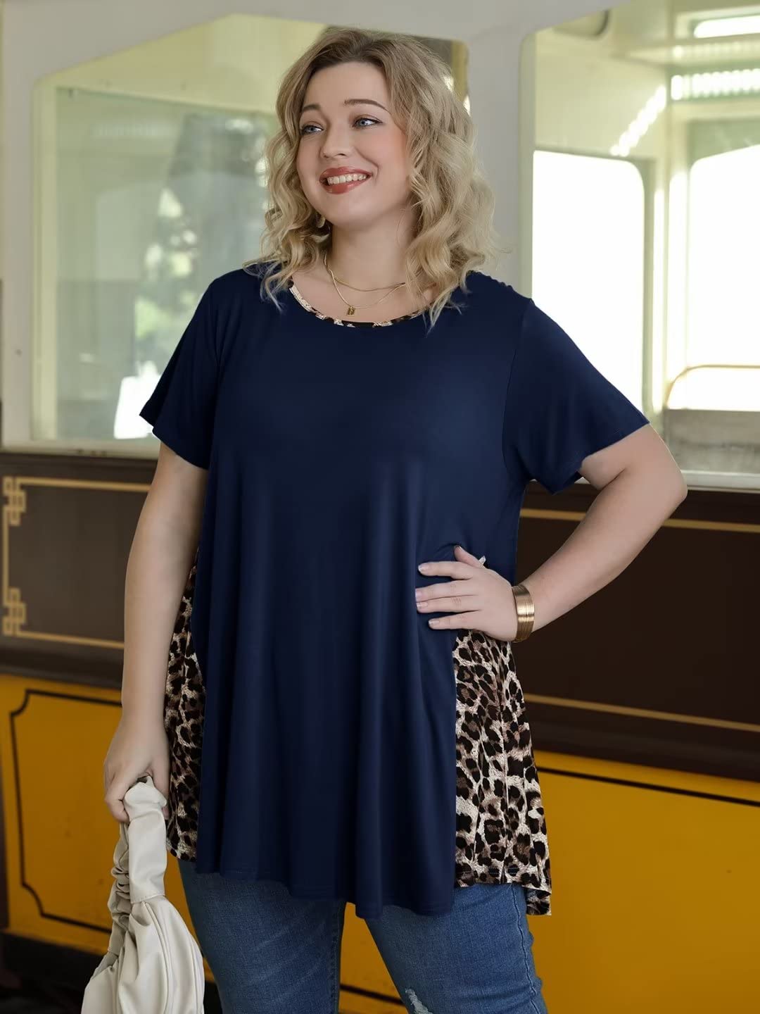 LARACE Women's Plus Size Leopard Print Short Sleeve Tunic Top - Trendy 2025 Spring Summer Blouse for Casual Wear, Office & Date Night Outfits