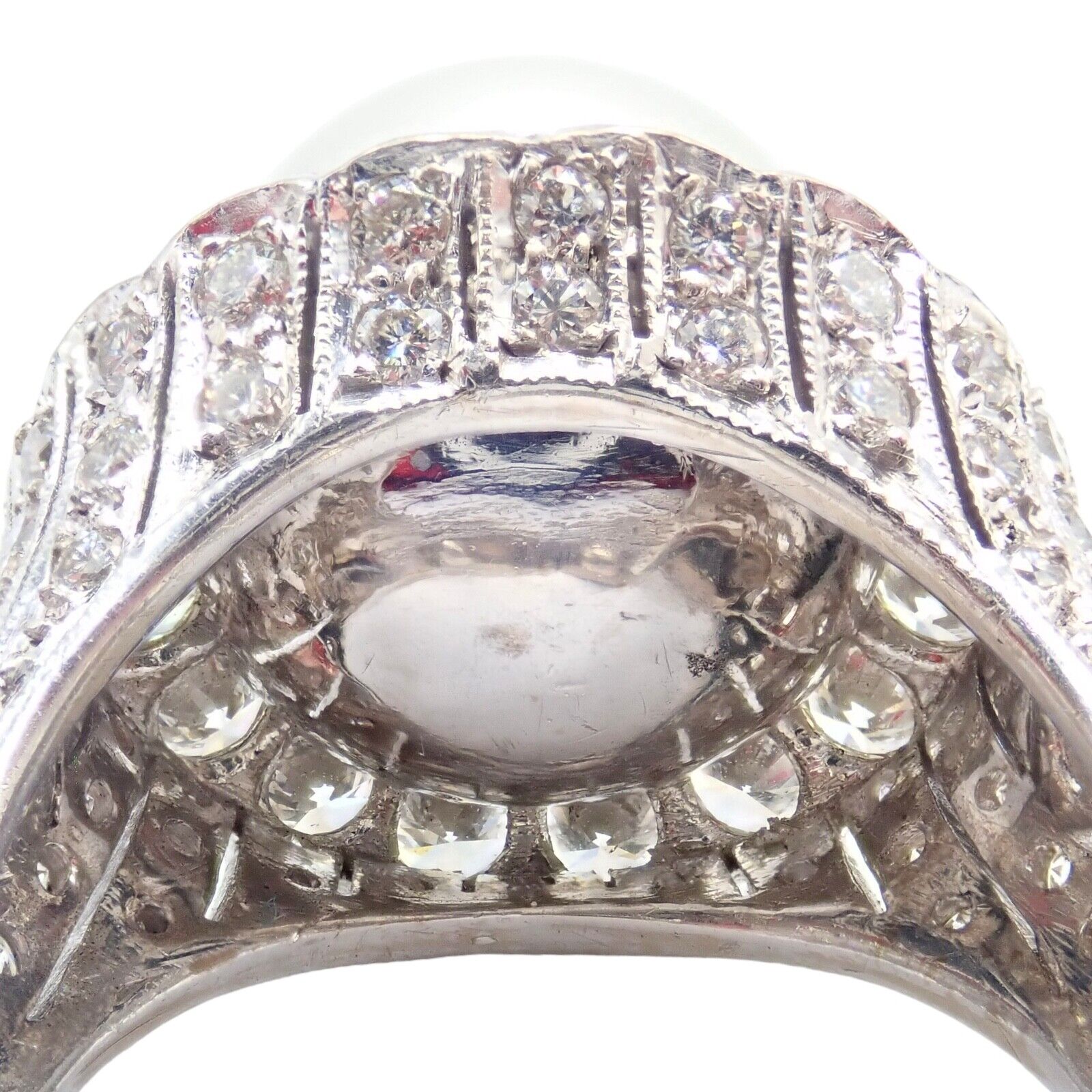 Vintage 18k White Gold Diamond & 12.5mm Pearl Cocktail Ring for Women - Elegant Bridal, Anniversary, or Evening Party Jewelry Gift