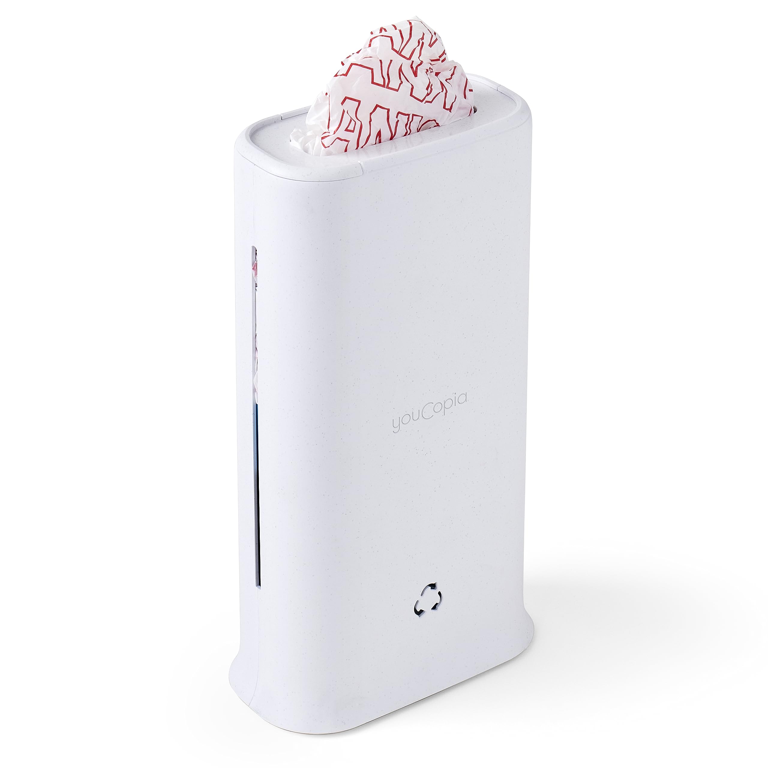 YouCopia StoraBag Plastic Bag Dispenser - Space Saving Kitchen Organizer for Grocery Bags, Cabinet & Pantry Storage - Compact White Bag Holder for Eco-Friendly Reuse - Perfect for Recycling Shopping Bags in Home Kitchen Organization